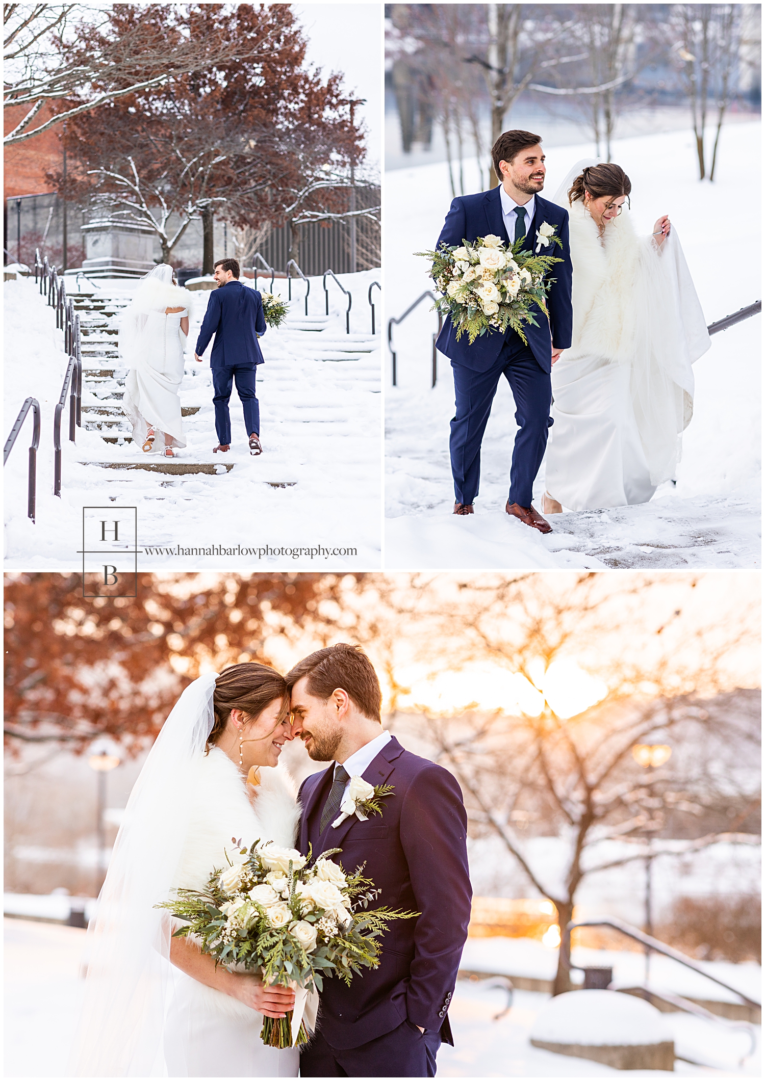 Bride and groom walk after having wedding photos taken in snow