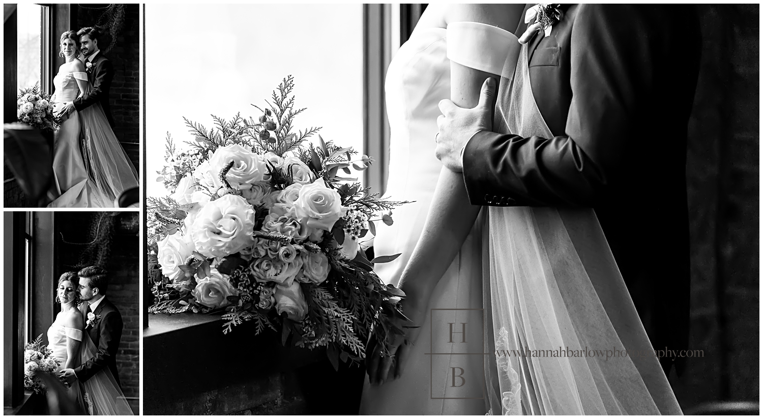 Black and white indoor bridal portraits of bride and groom