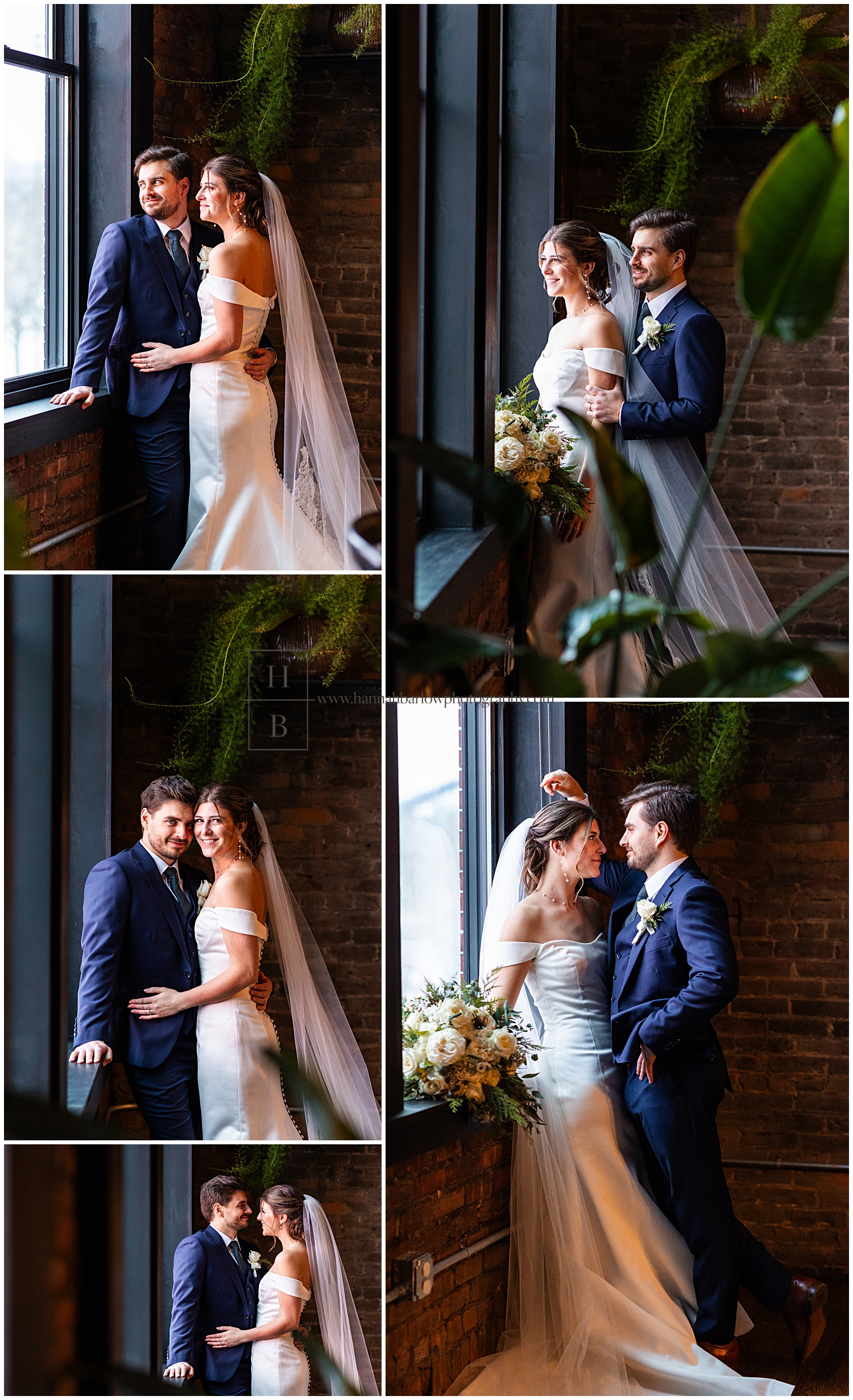 Bride and groom pose by brick wall inside for wedding photos