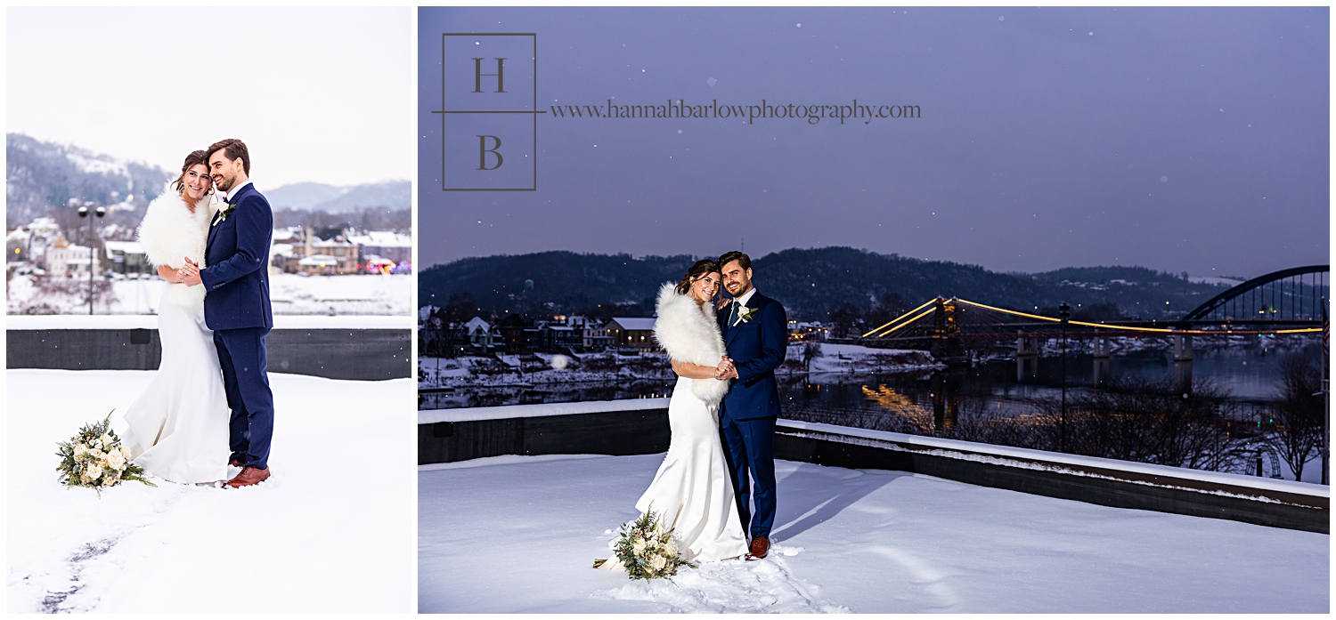 Bride and groom pose on rooftop during blue hour and while it snows