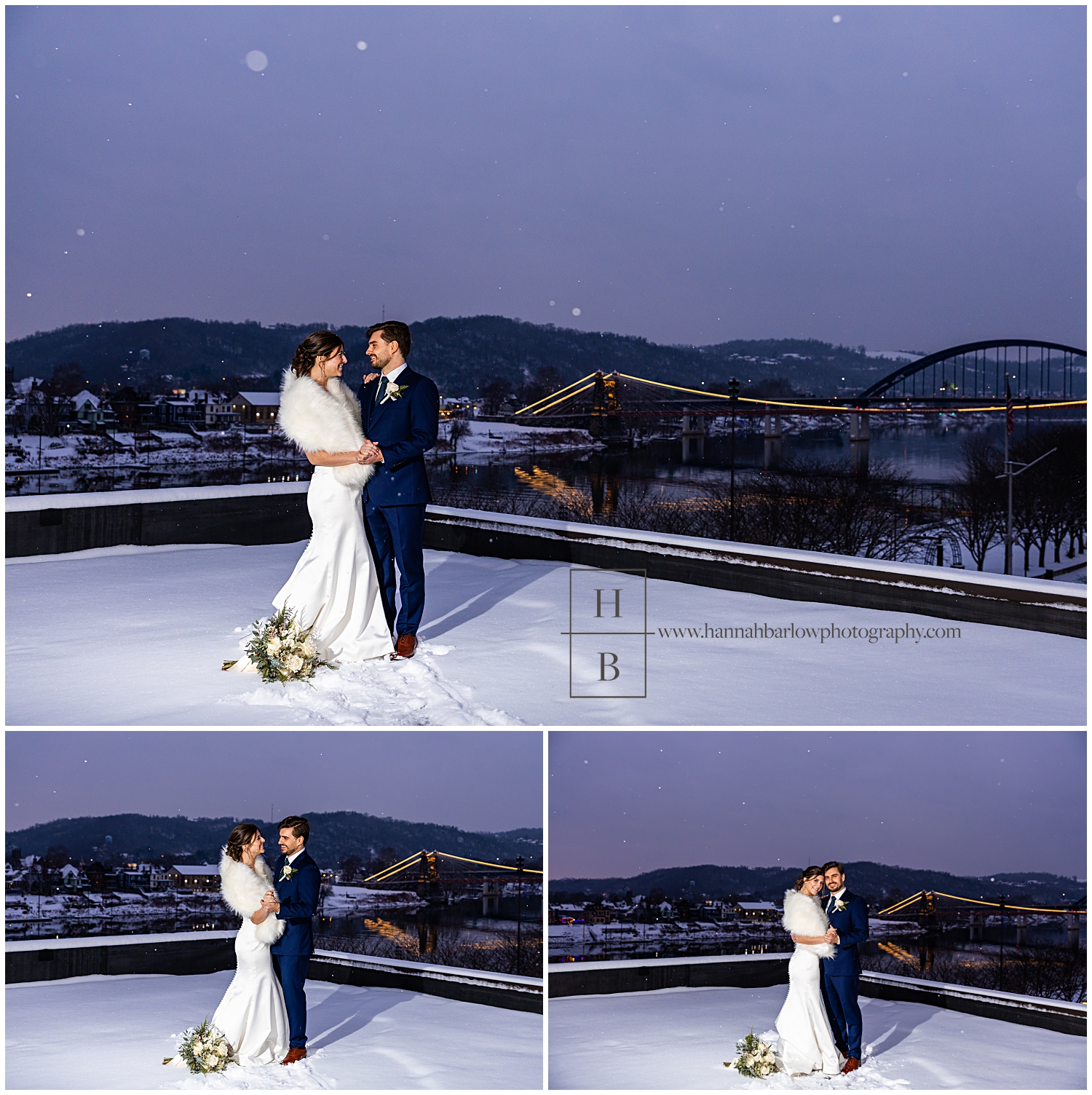 Bride and groom take wedding photos on rooftop with purple sunset.