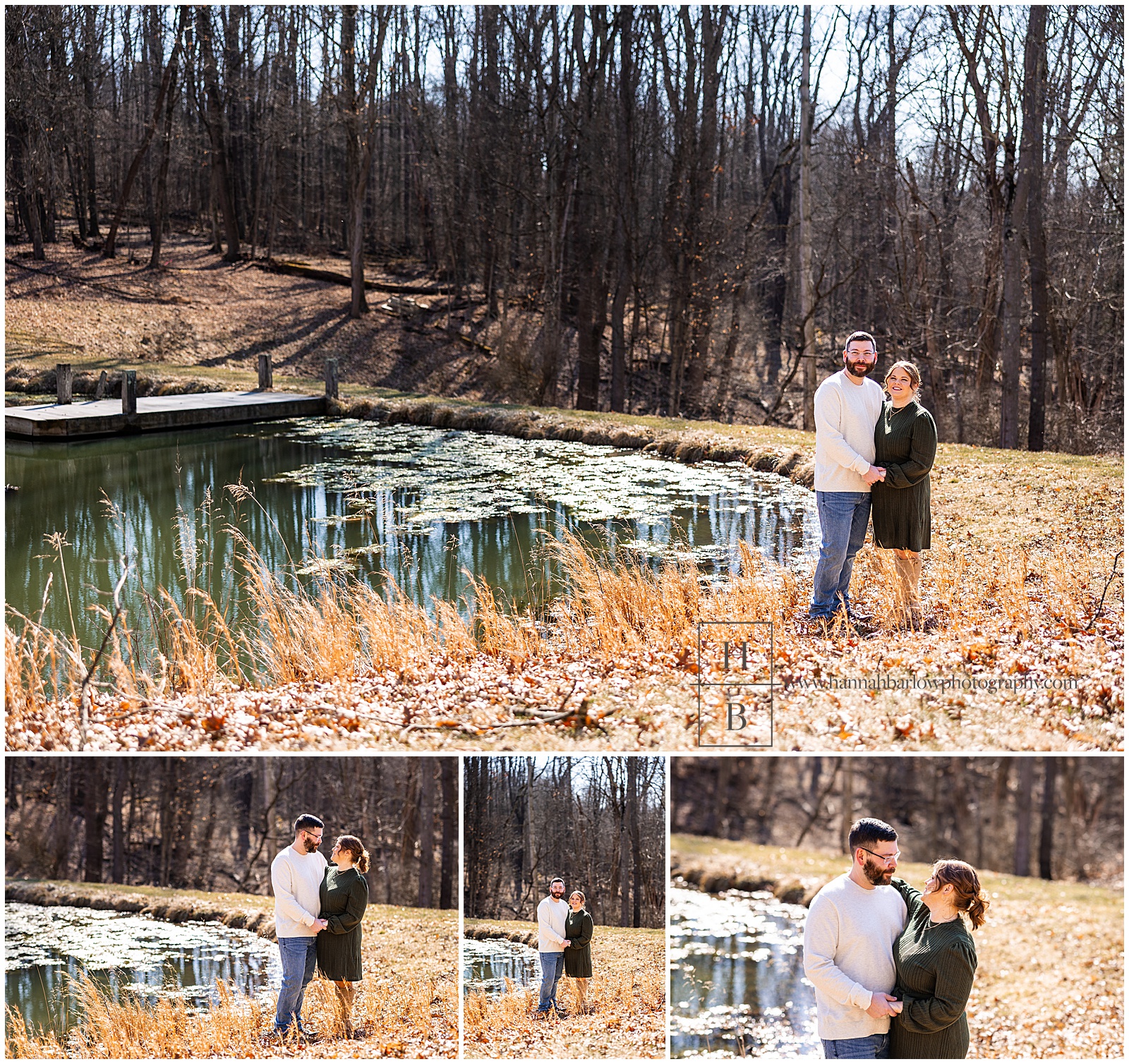 Couple stands by lake and poses for engagement photos