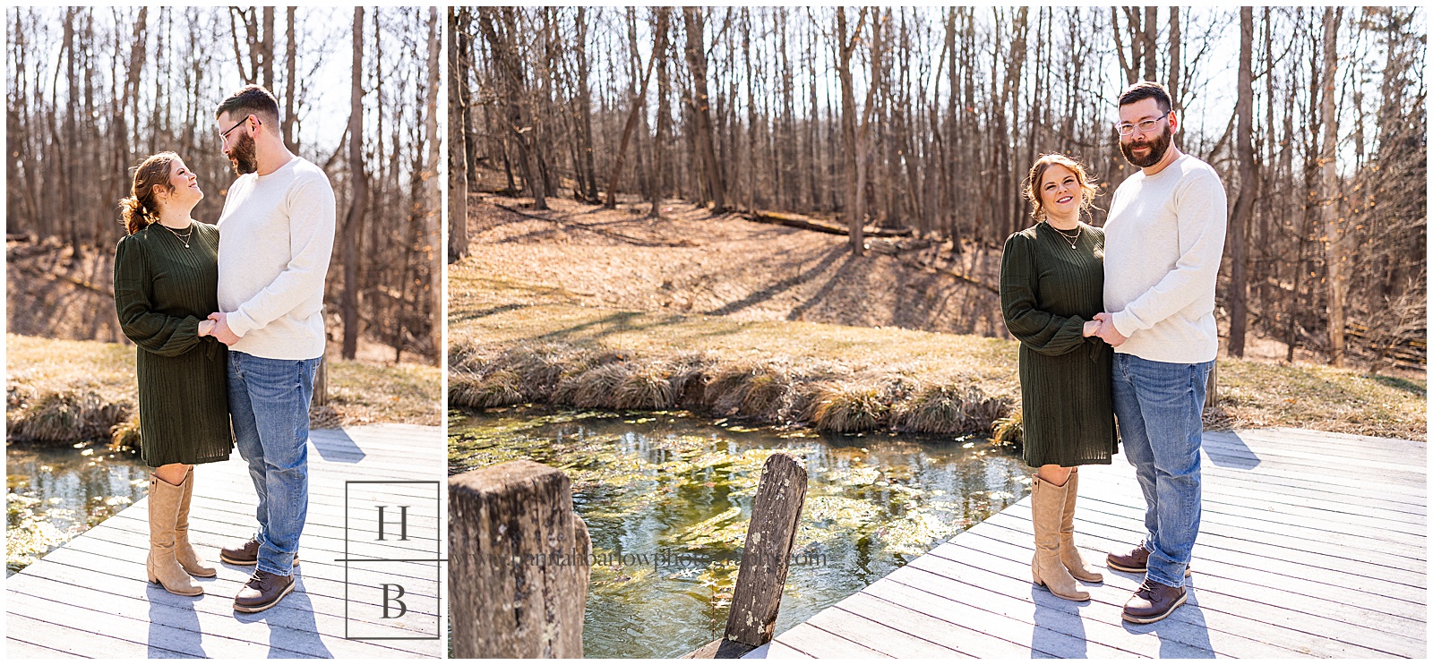 Couple stands on dock for engagement photos