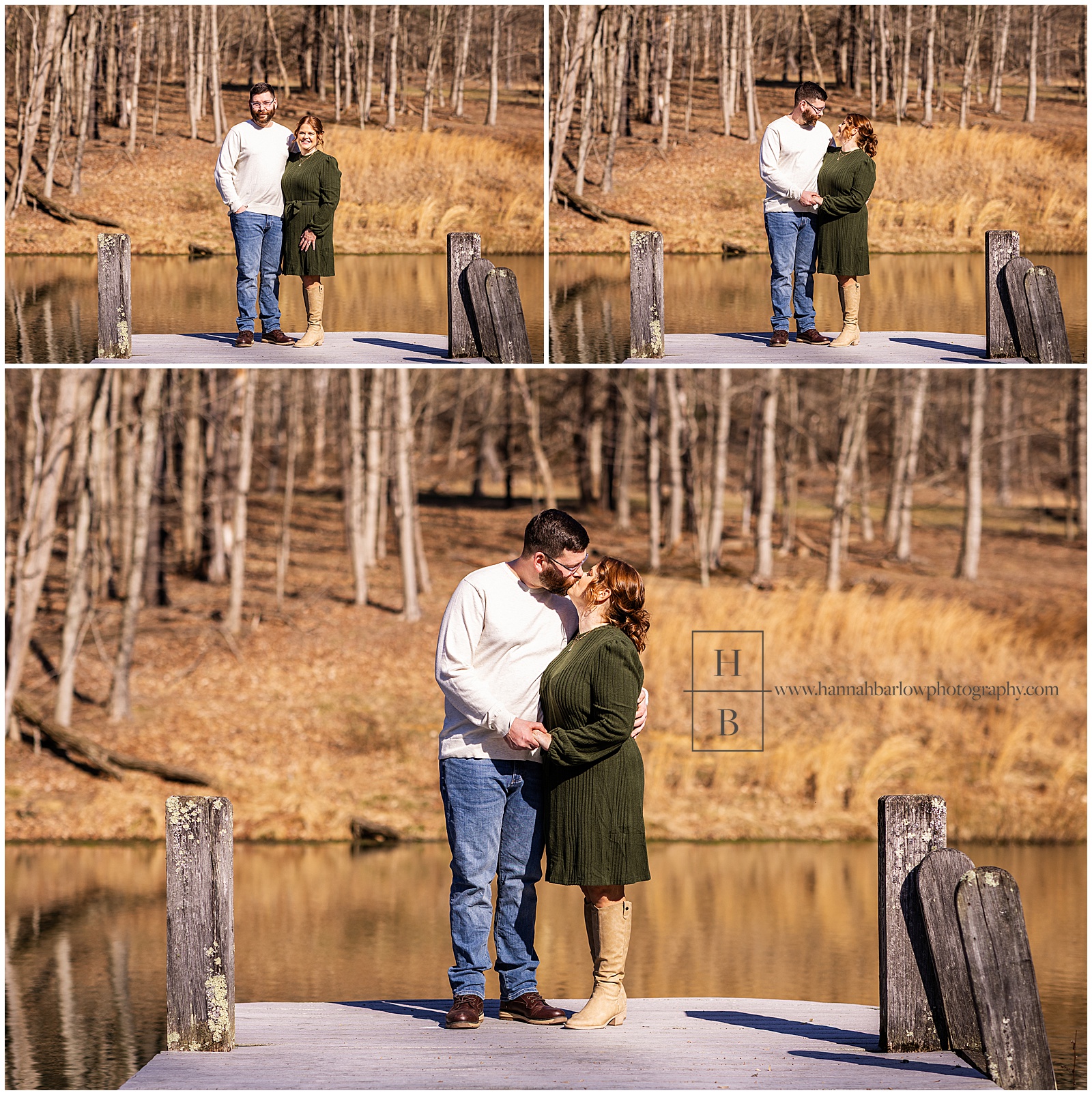 Couple stands on dock for engagement photos with golden hour in the background