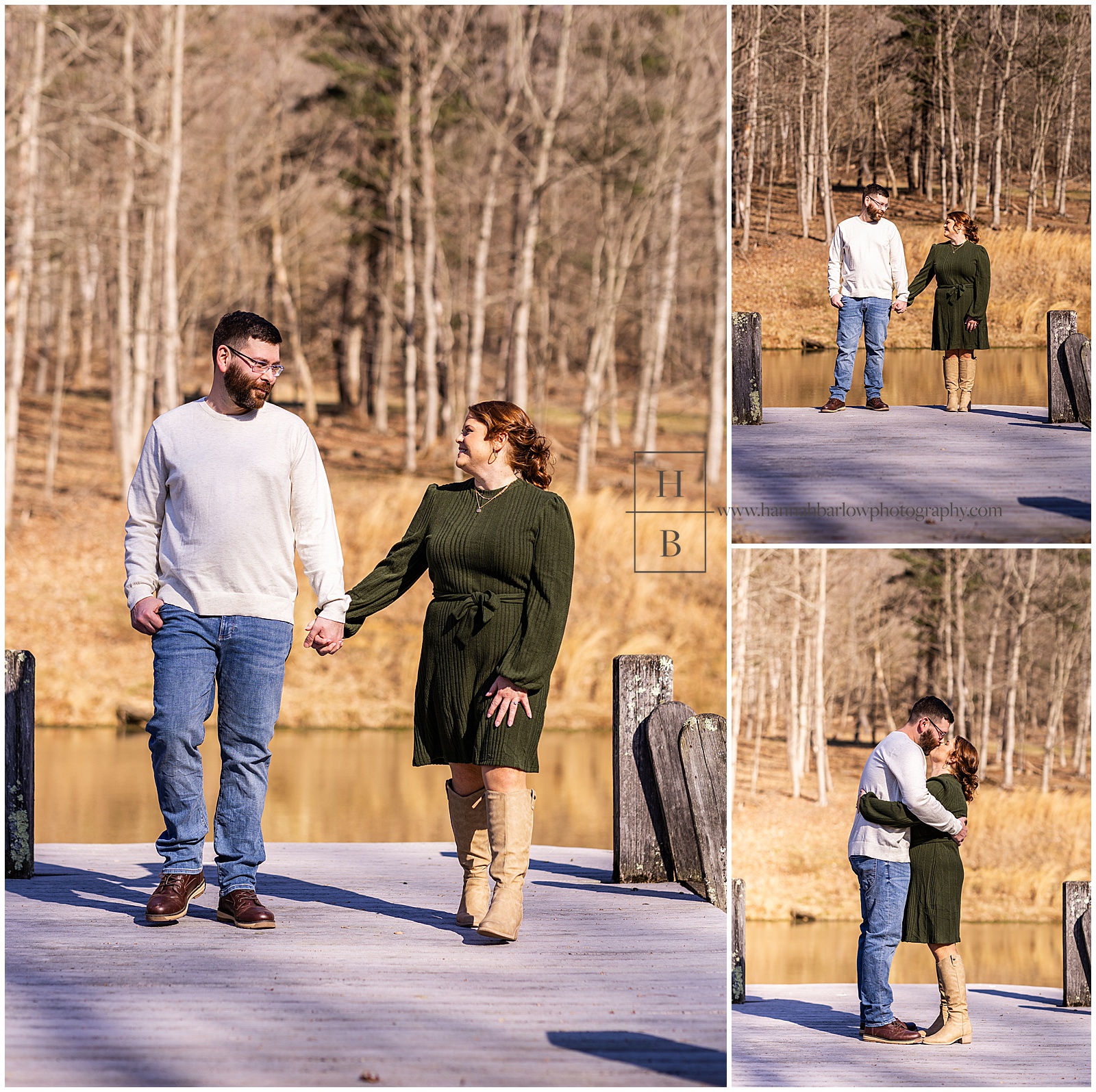 Couple walks and kisses on dock with engagement photos in the background