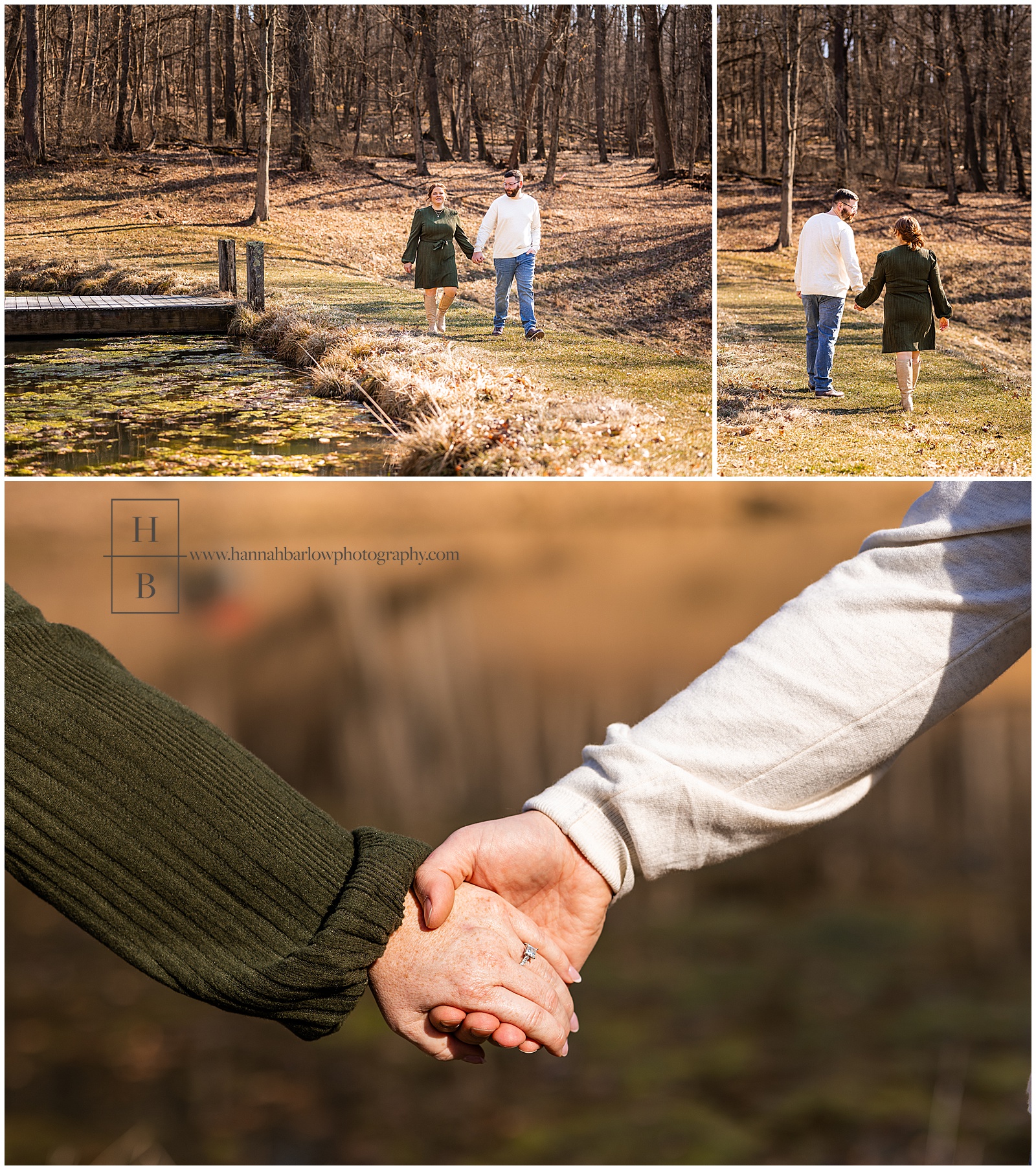 Couple holds hands and walks by lake for engagement photos