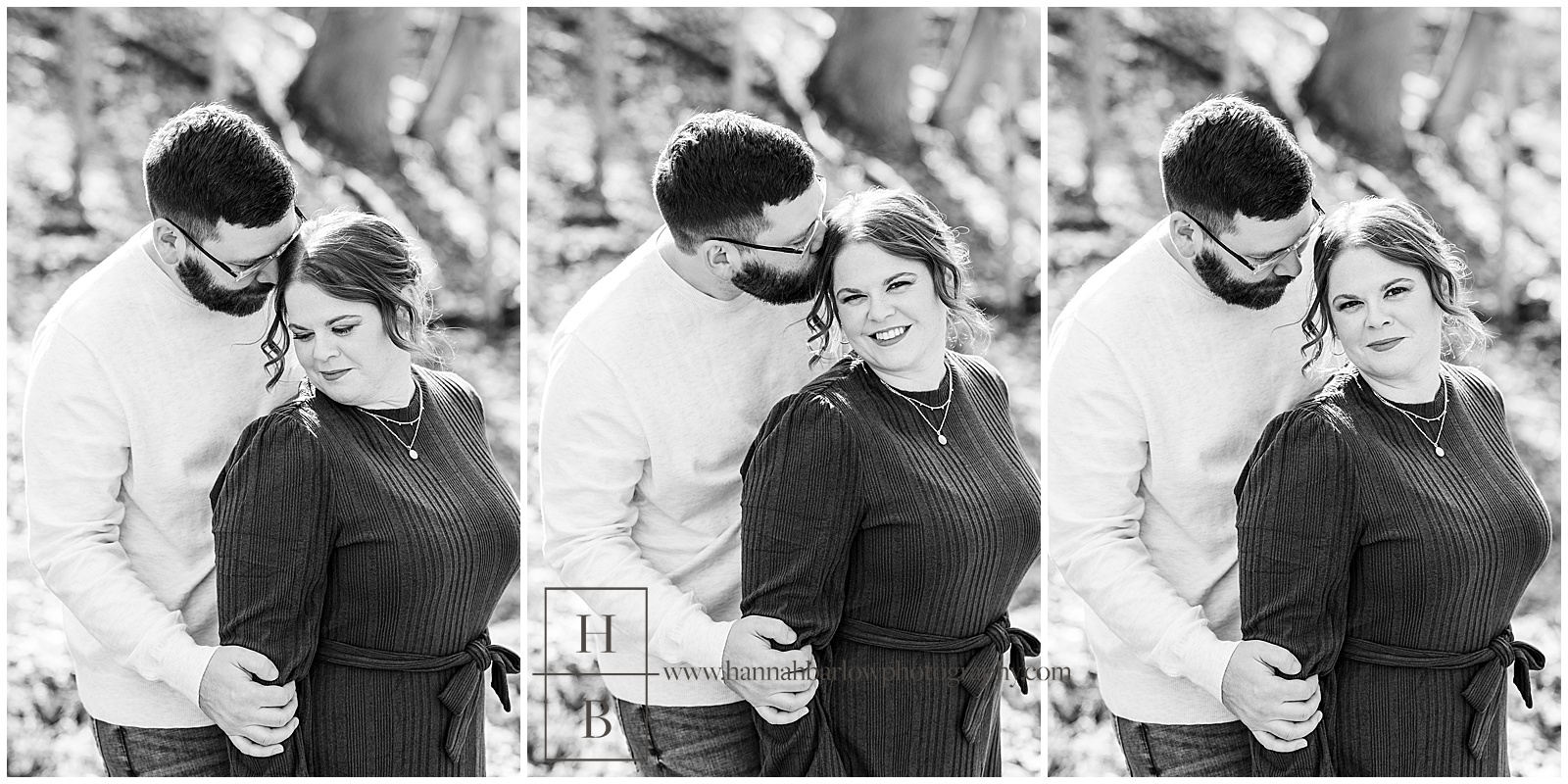 Black and white engagement photos of couple snuggling