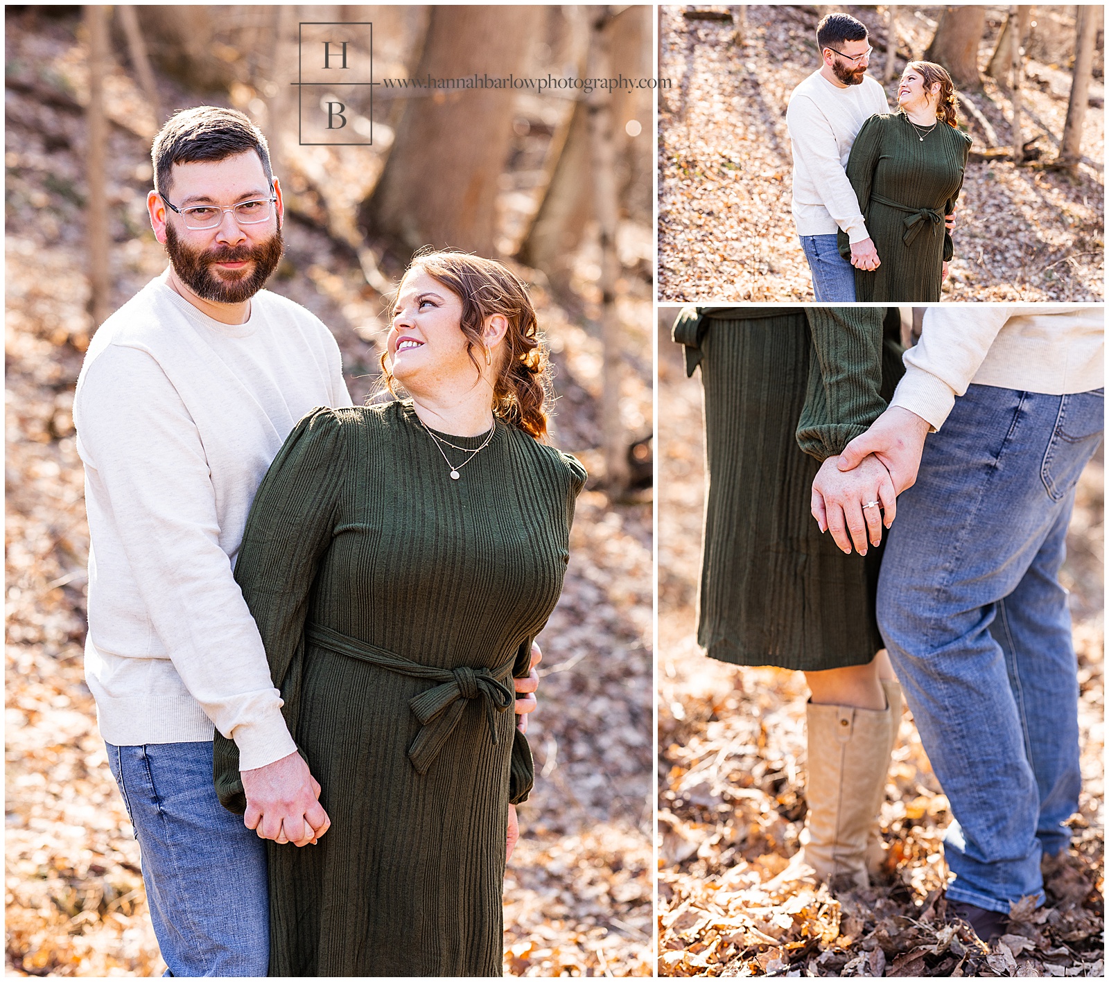 Couple snuggles in leaves for engagement photos