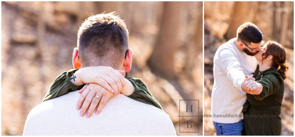 Bride to be puts hands on grooms back to show off ring