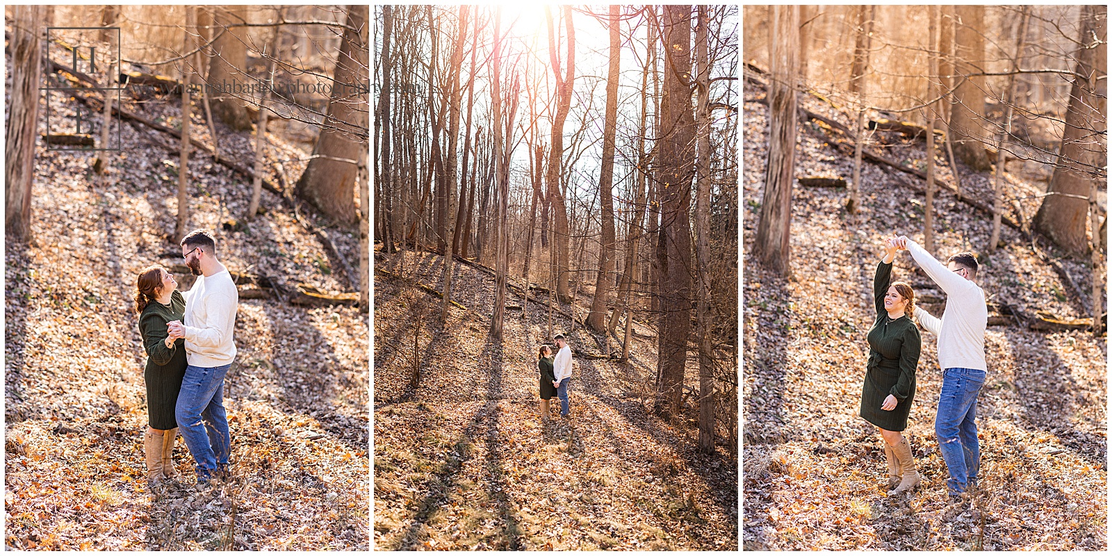 Couple poses in fall forest with golden light coming through trees