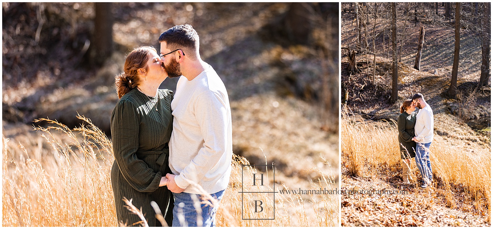 Couple poses in long tall grass for engagement photos