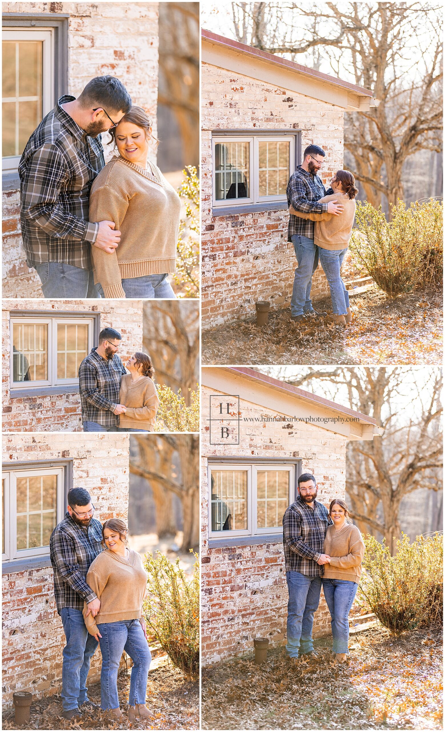 Couple in flannel and a sweater pose by rustic brick cottage