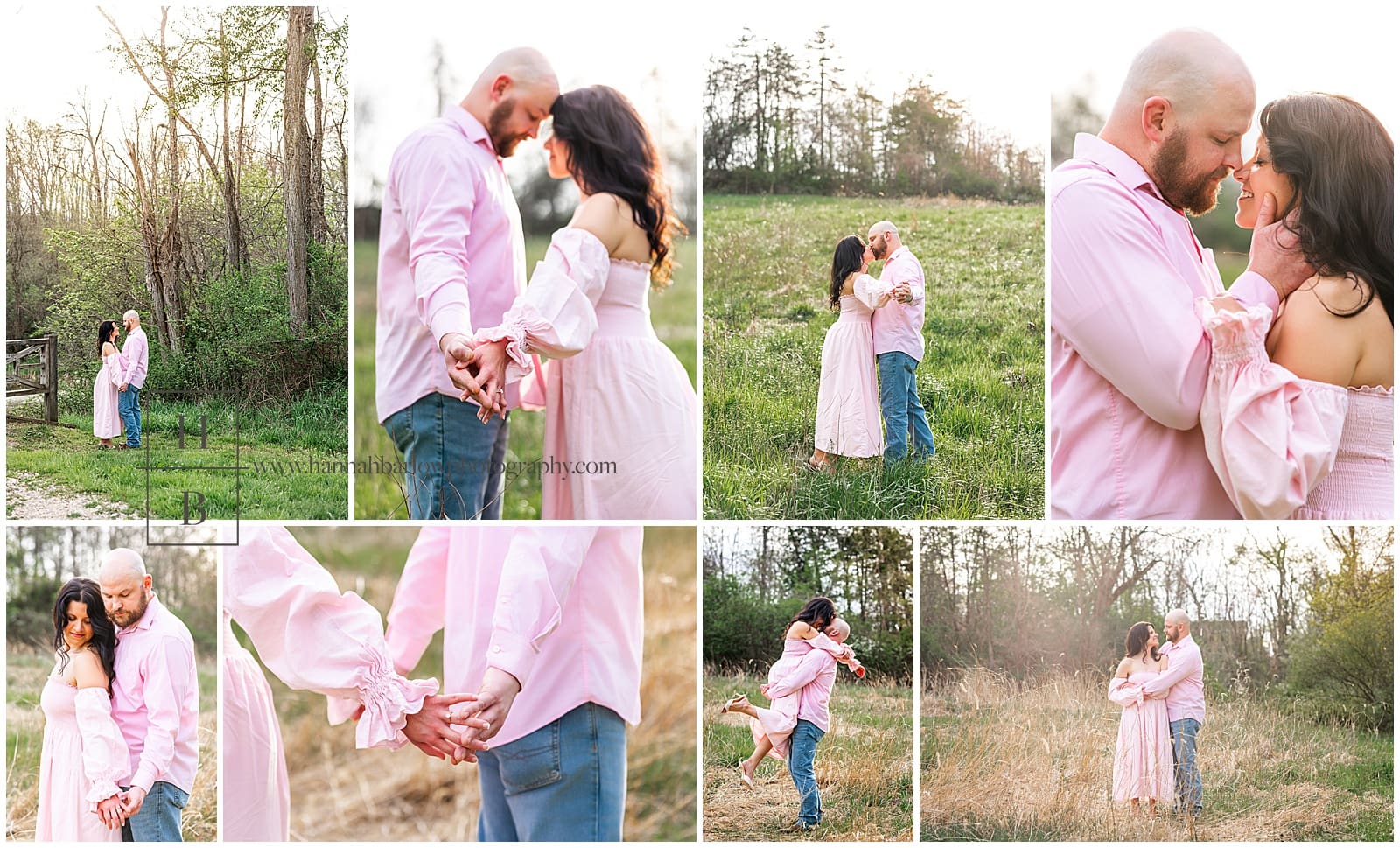 couple wearing pink poses for engagement photos