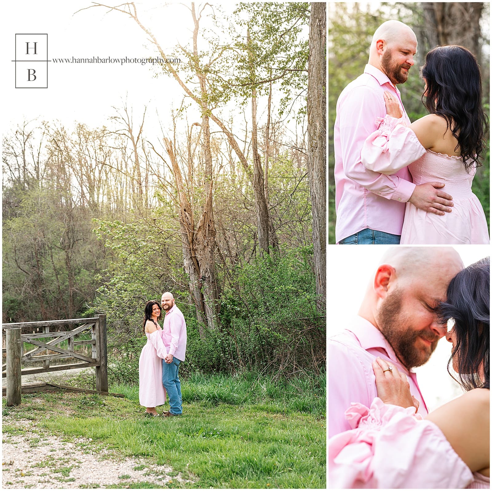 couple wearing pink poses for engagement photos in forest