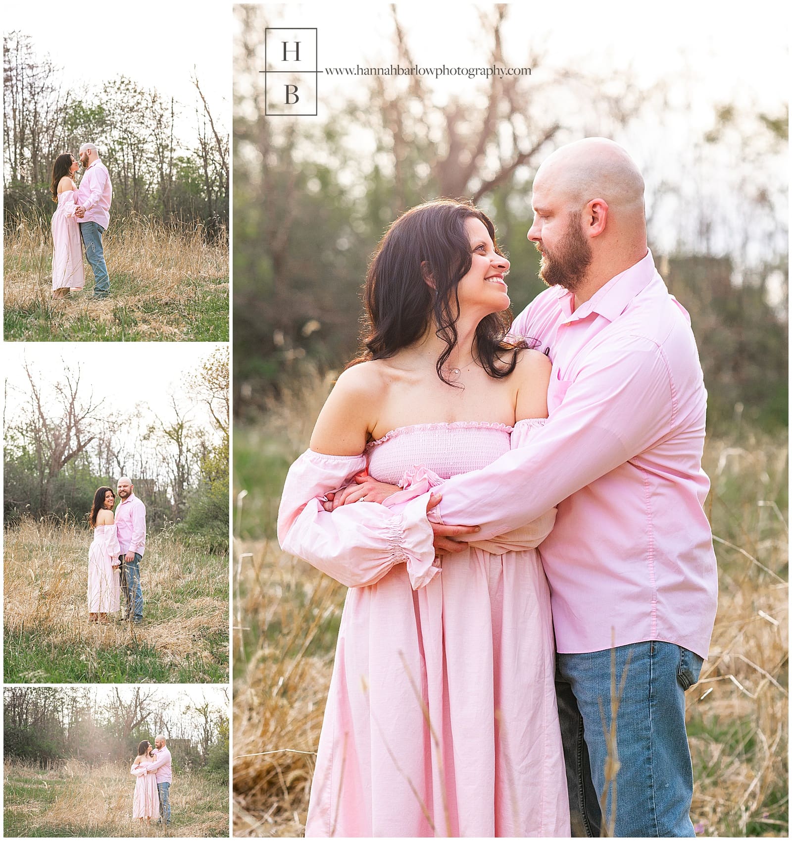 couple poses in field during golden hour