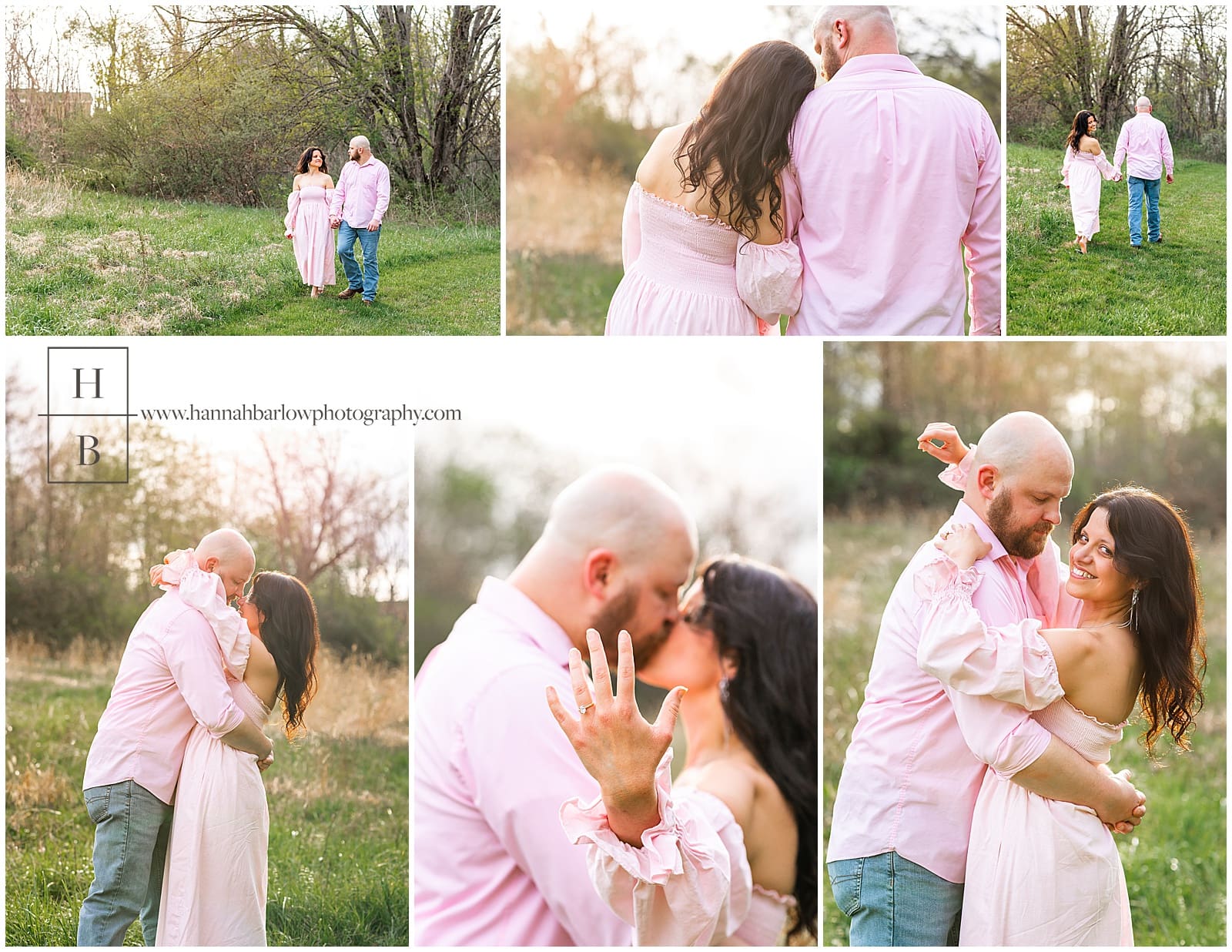 couple wearing pink poses for golden hour engagement photos