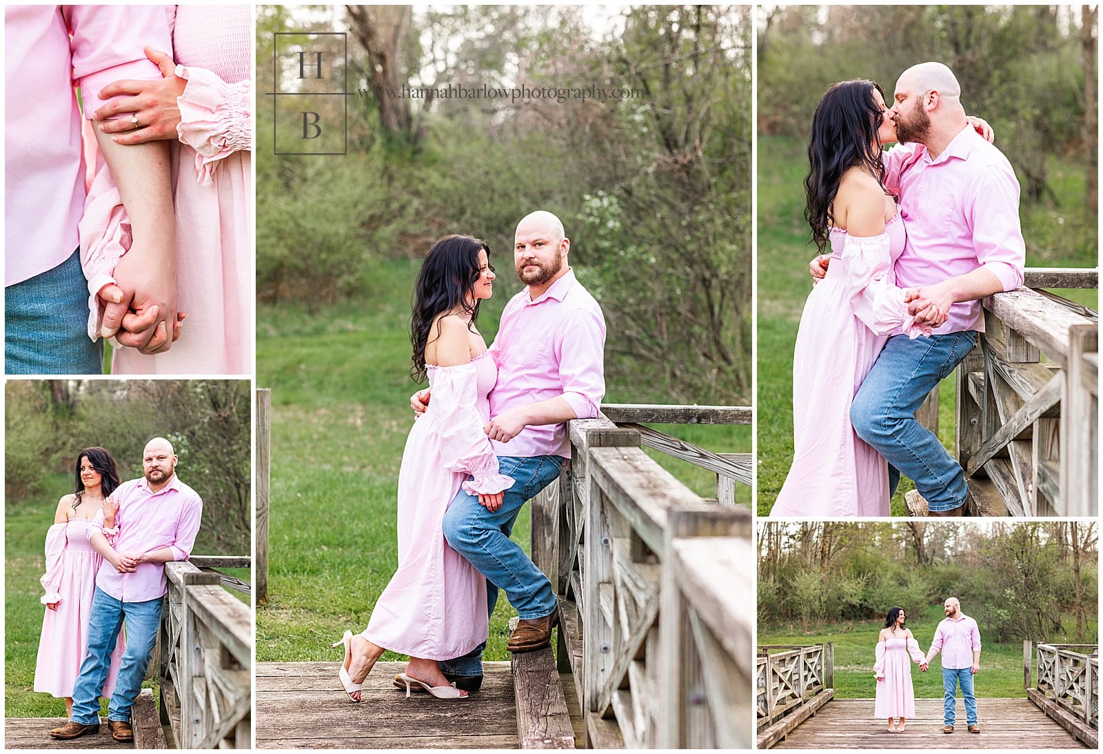 man and woman pose on wooden bridge or golden hour photos
