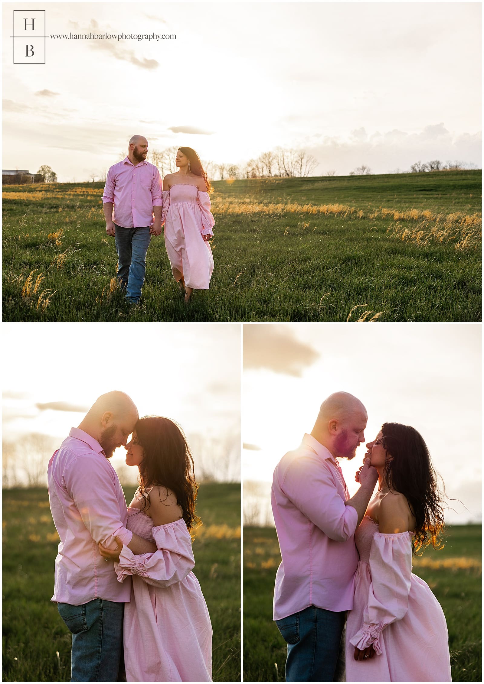 dramatic golden hour photos of couple wearing pink walking in field
