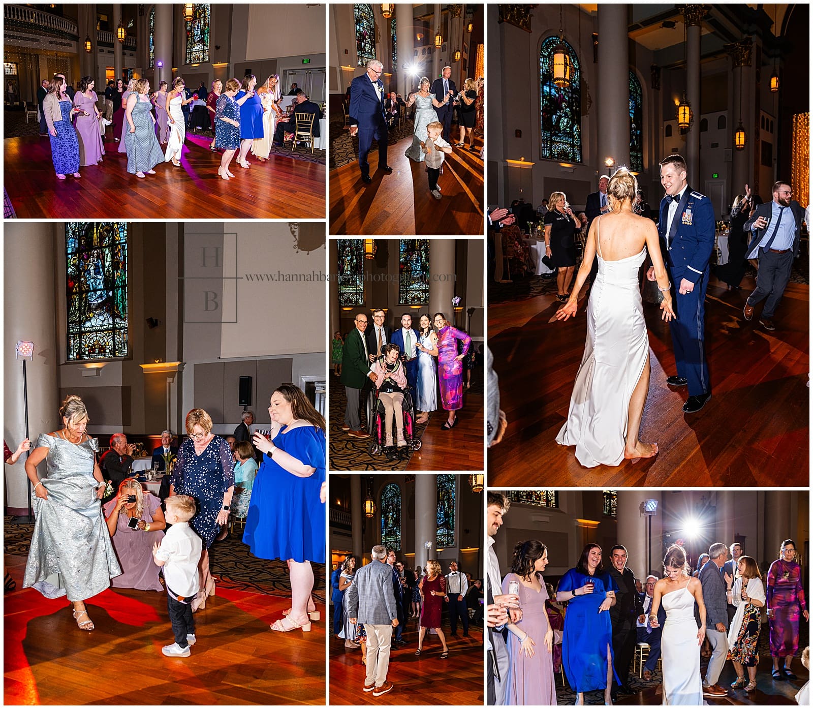 wedding reception party dancing at the grand hall priory wedding venue in pittsburgh pa