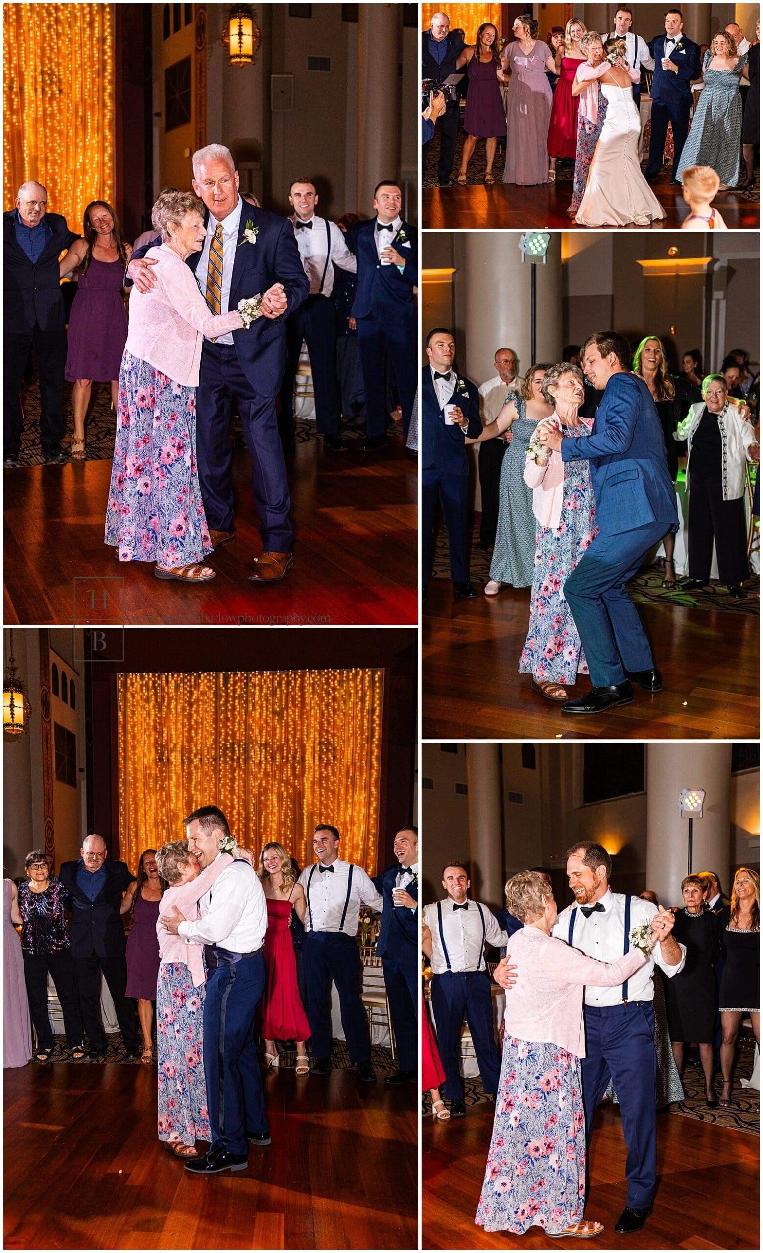 people dance with grandmother at wedding reception