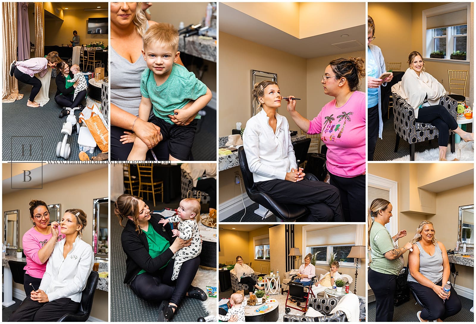 Bride and wedding party get ready in basement of Grant Hall at the Priory wedding venue in Pittsburgh
