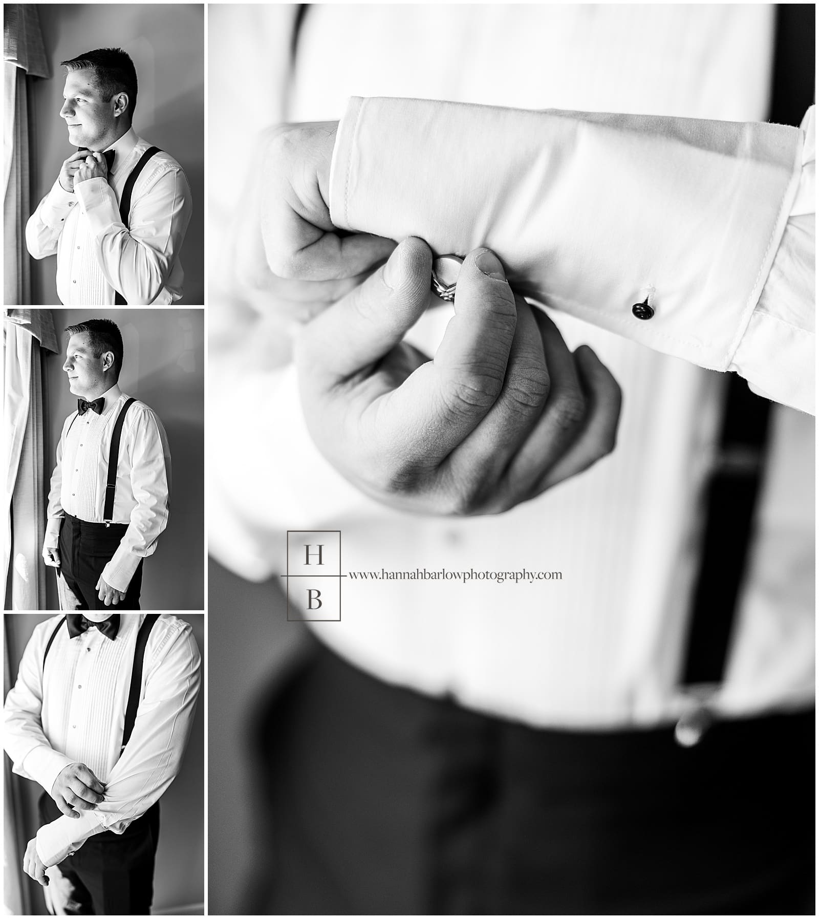 Black and white photos of groom getting ready
