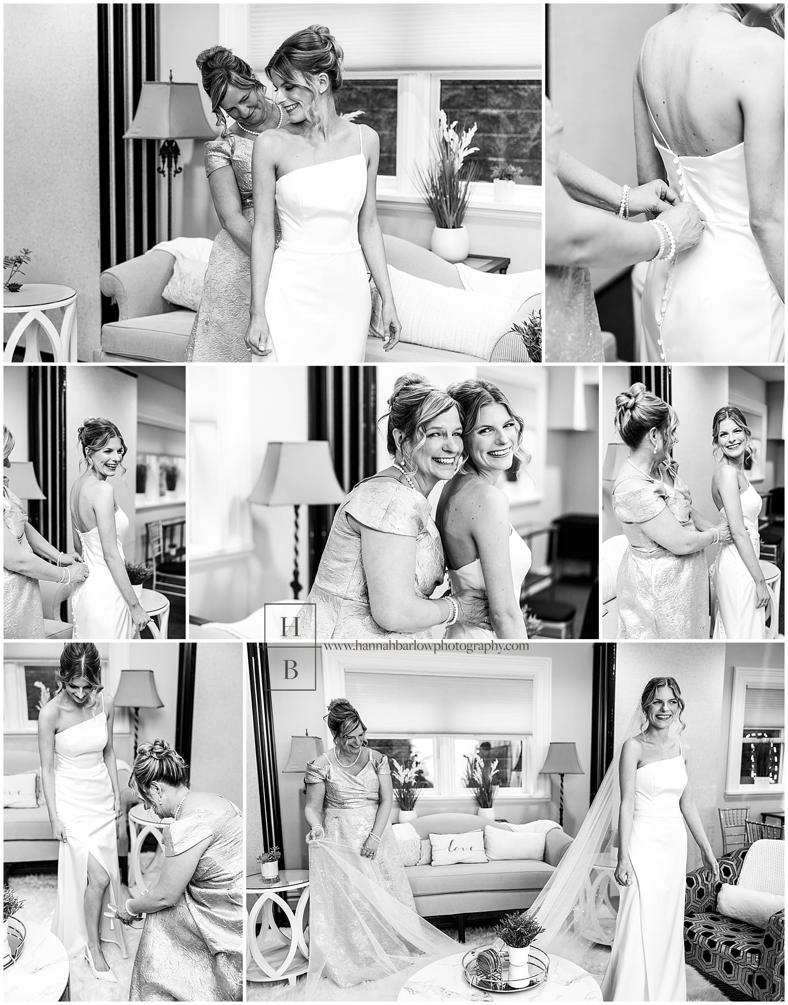 Black and white photos of Bride and Mom getting ready in the basement of the grand hall at the priory