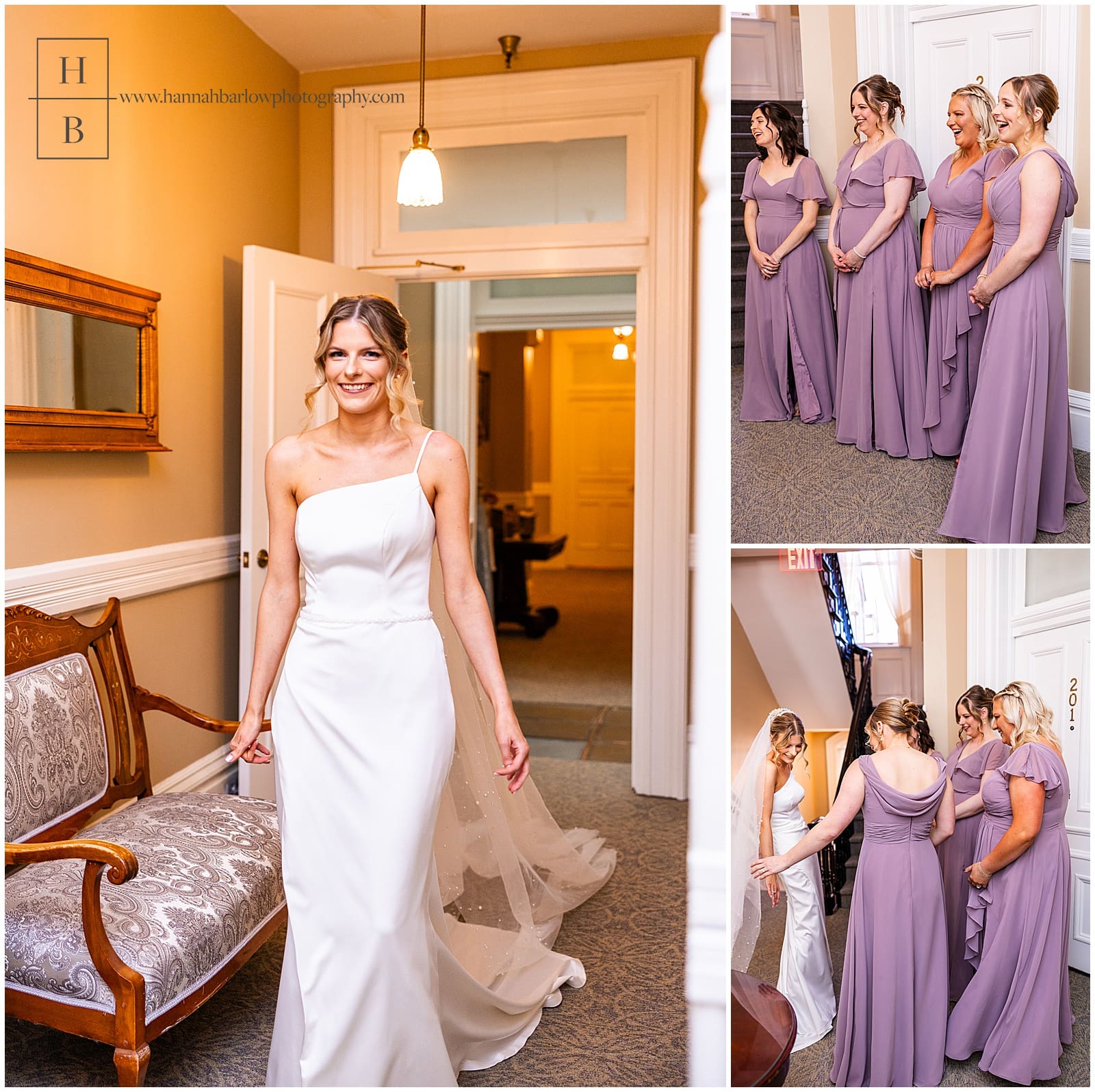 bride has first book moment with bridesmaids