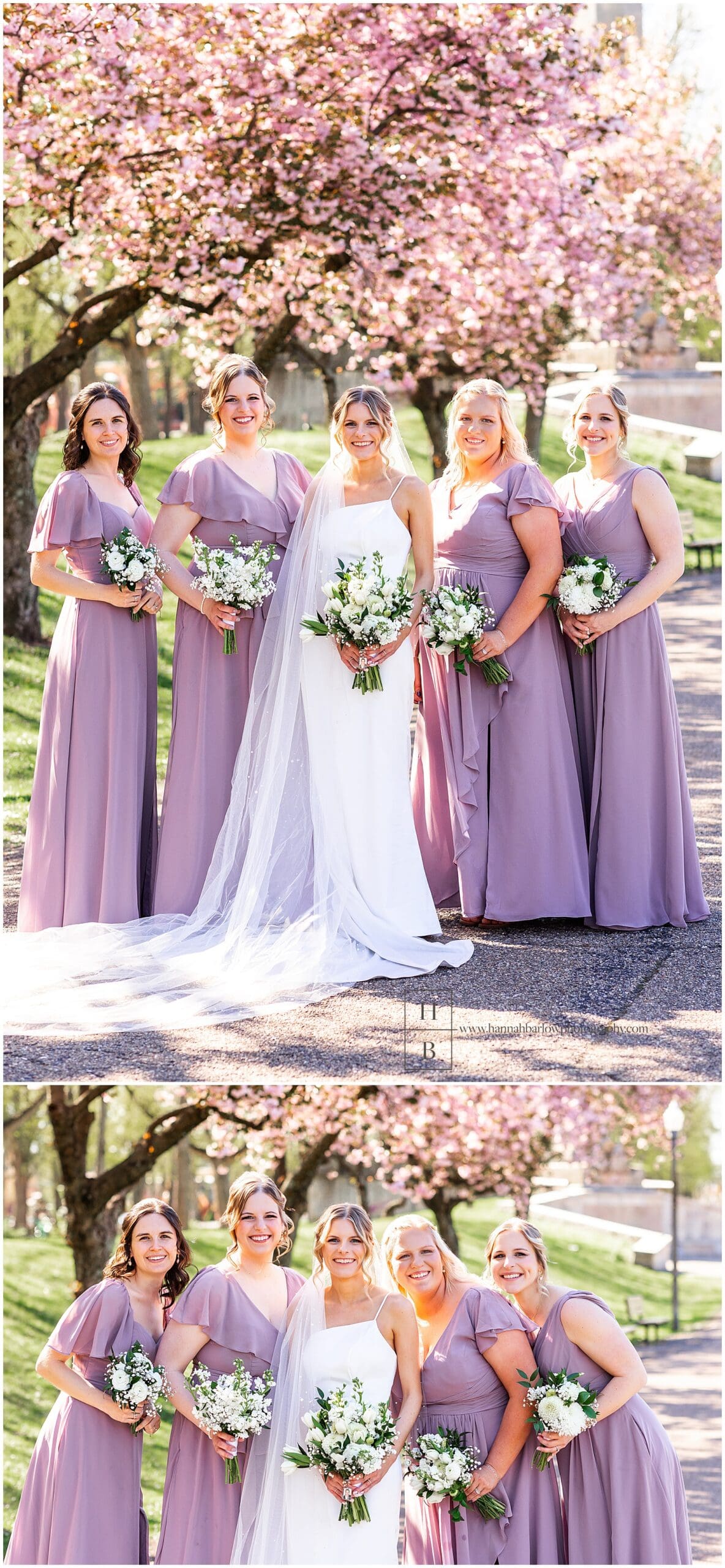 Bridesmaids in purple dresses pose with bride