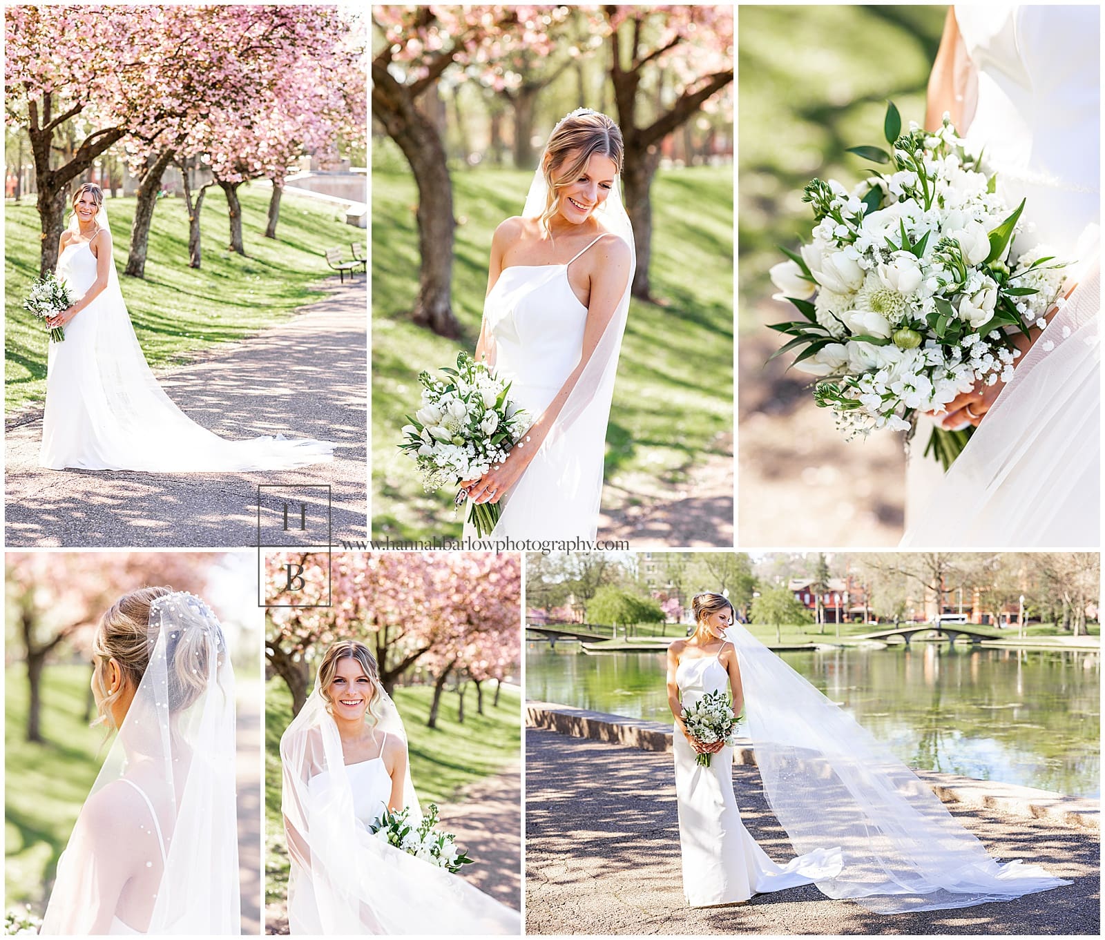 Bride poses with pink flowers in background