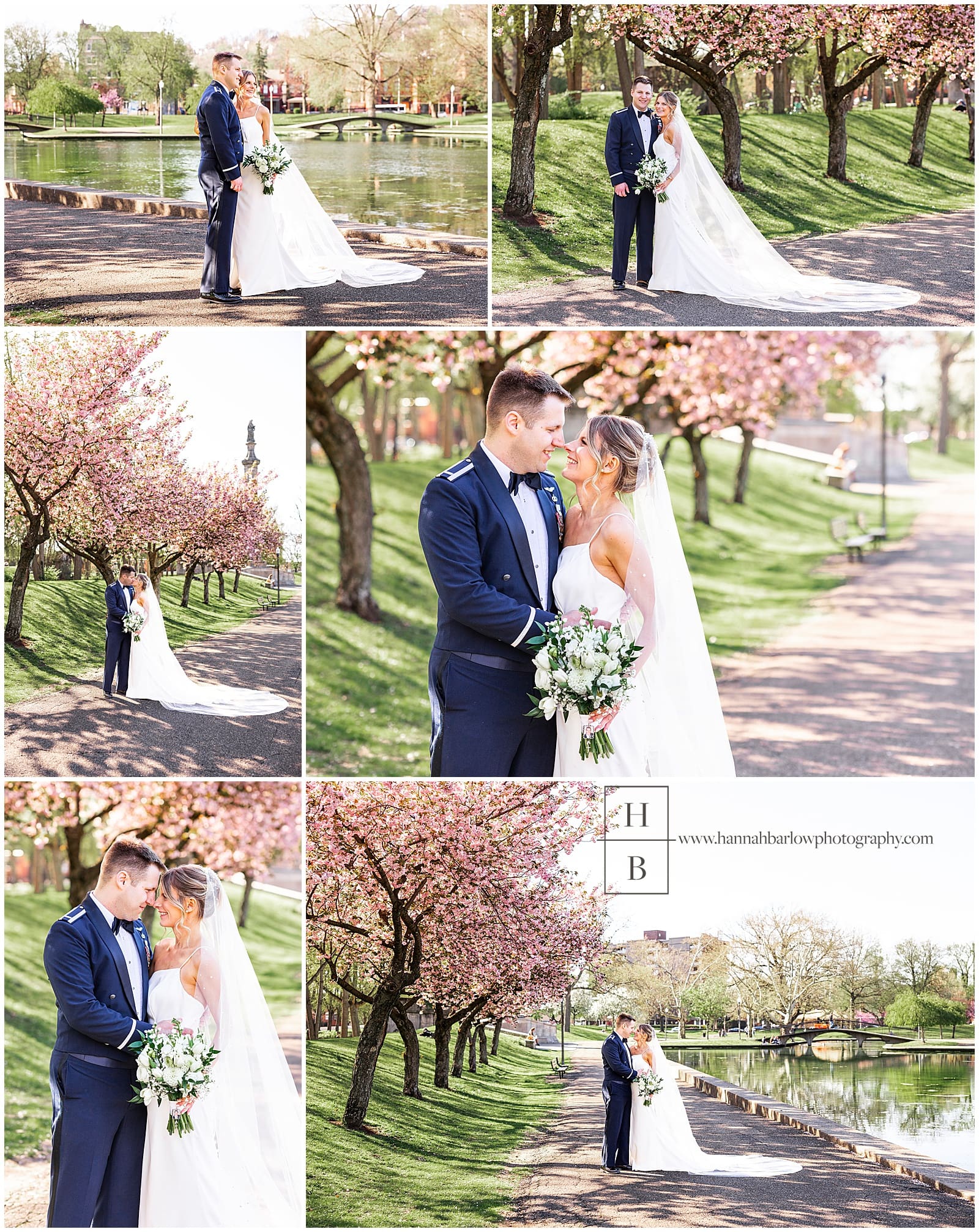 Bride and groom pose for wedding photos with pink spring flowers in background by Laick