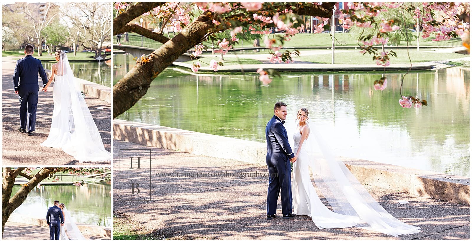 Bride and groom walk by lake for wedding photos