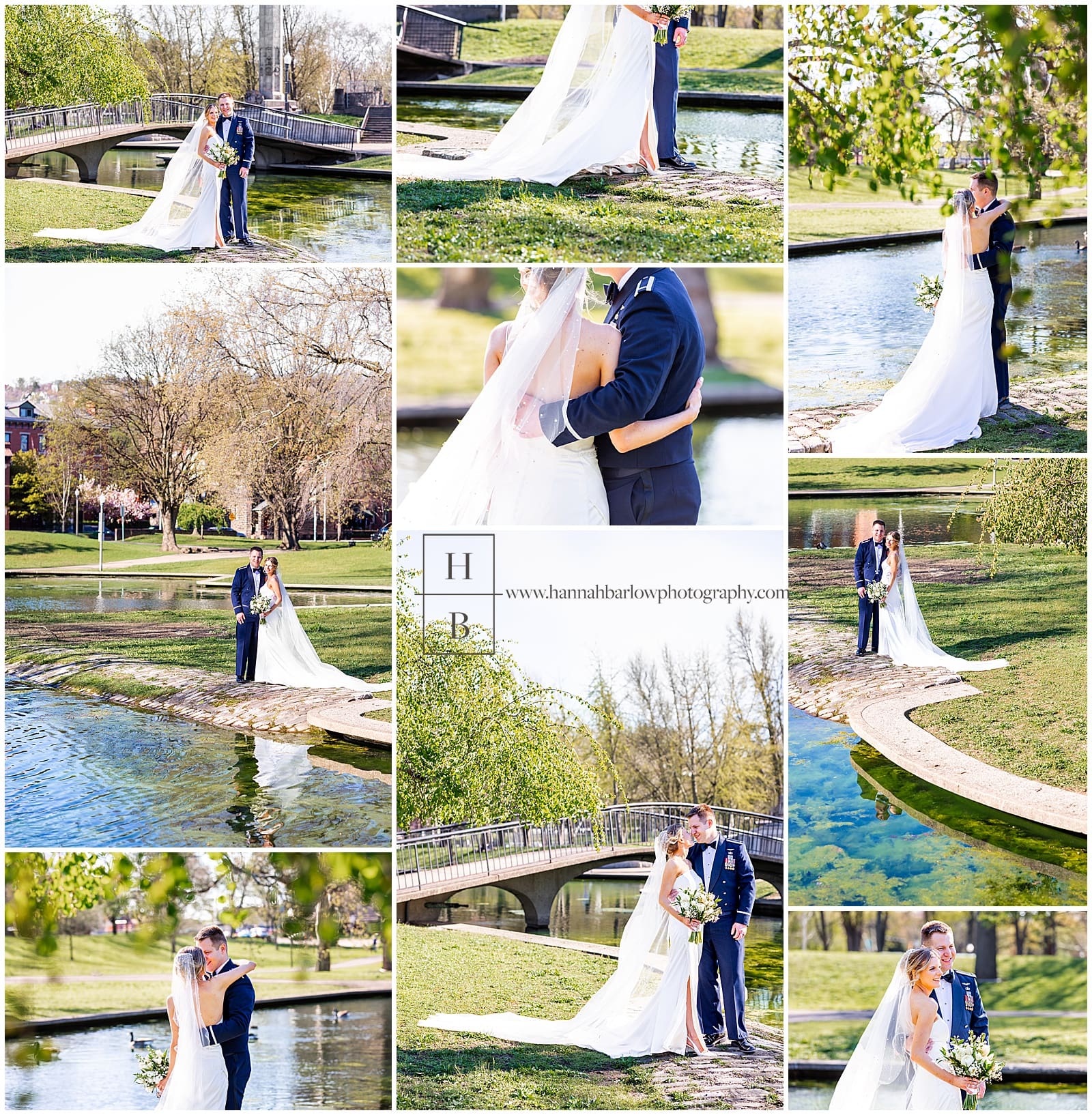 Bride and groom pose in Pittsburgh park by lake for wedding photos