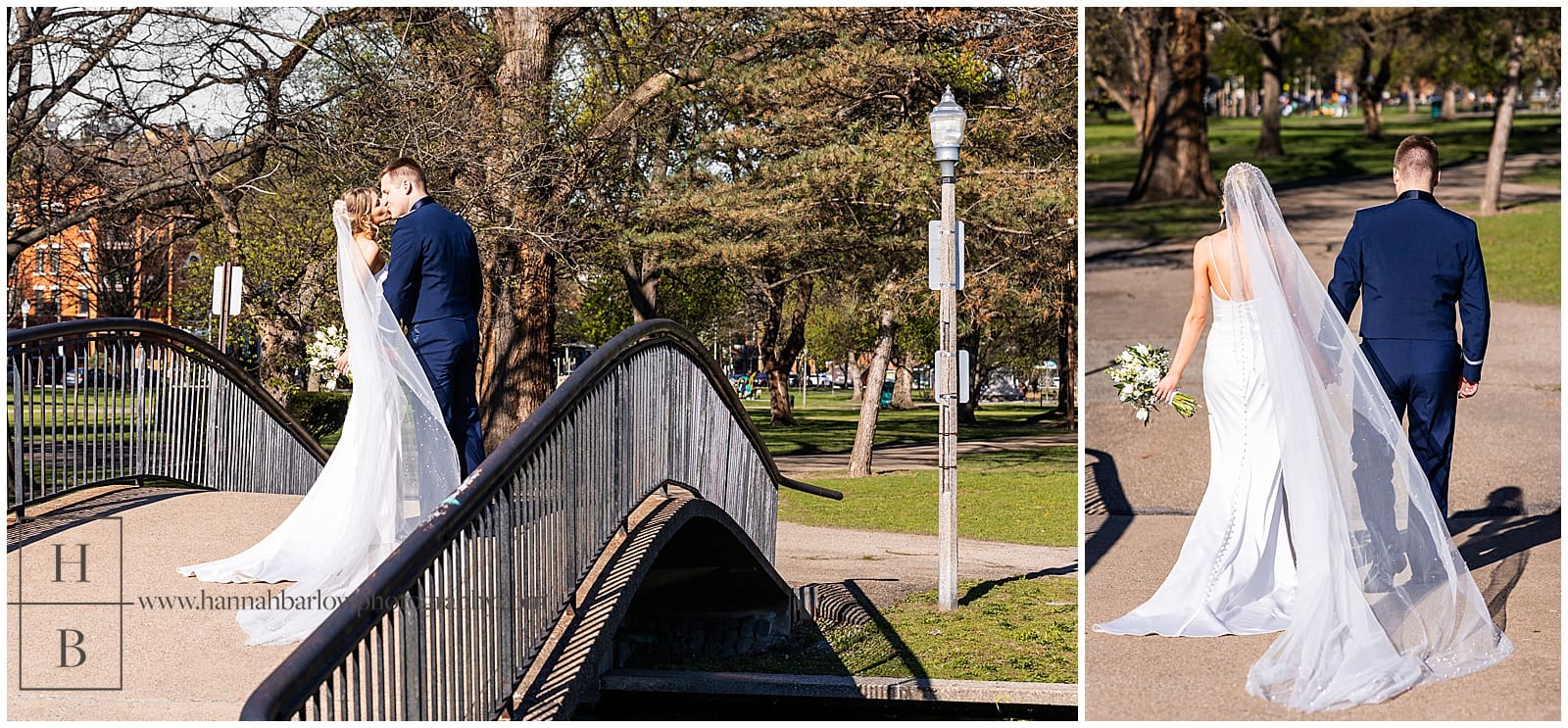 bride and groom pose on bridge for wedding photos