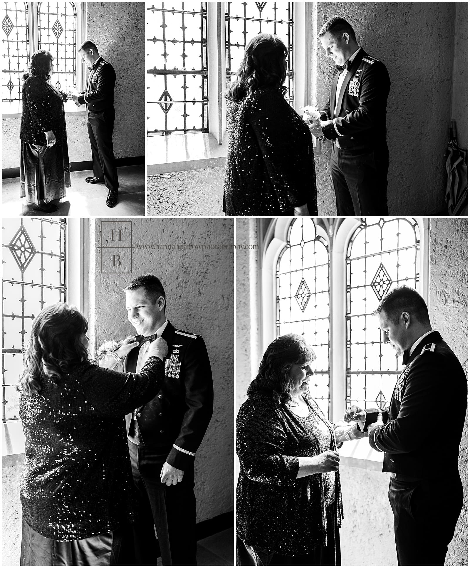 black and white photos of mother of the groom helping groom get ready