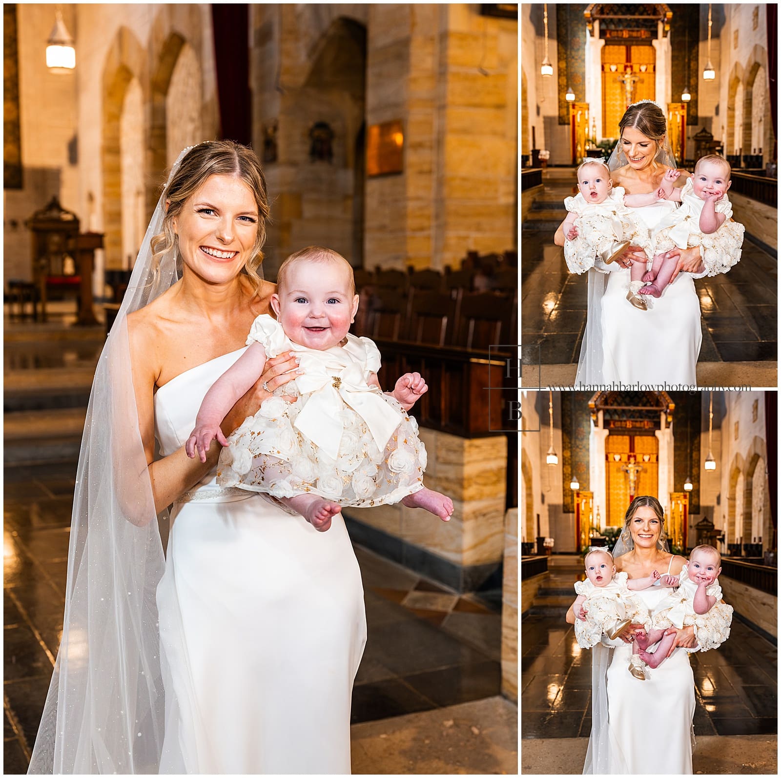 bride poses with baby flower girls