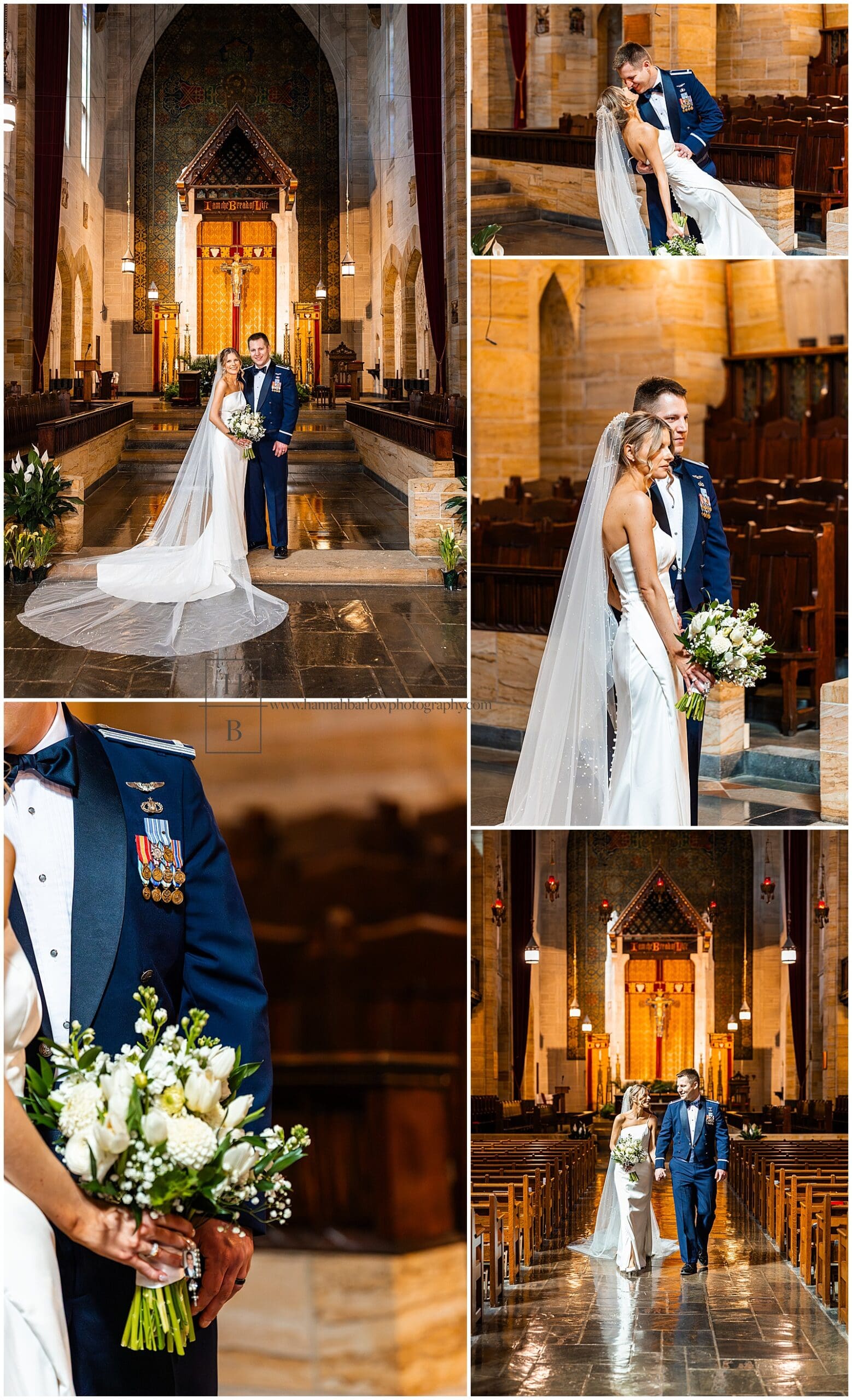 bride and groom pose inside gorgeous church