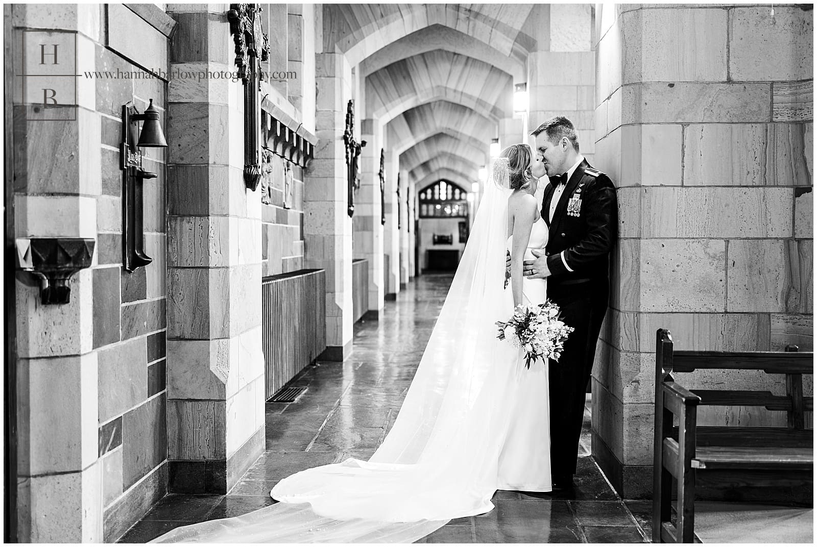 black and white photo inside church for wedding