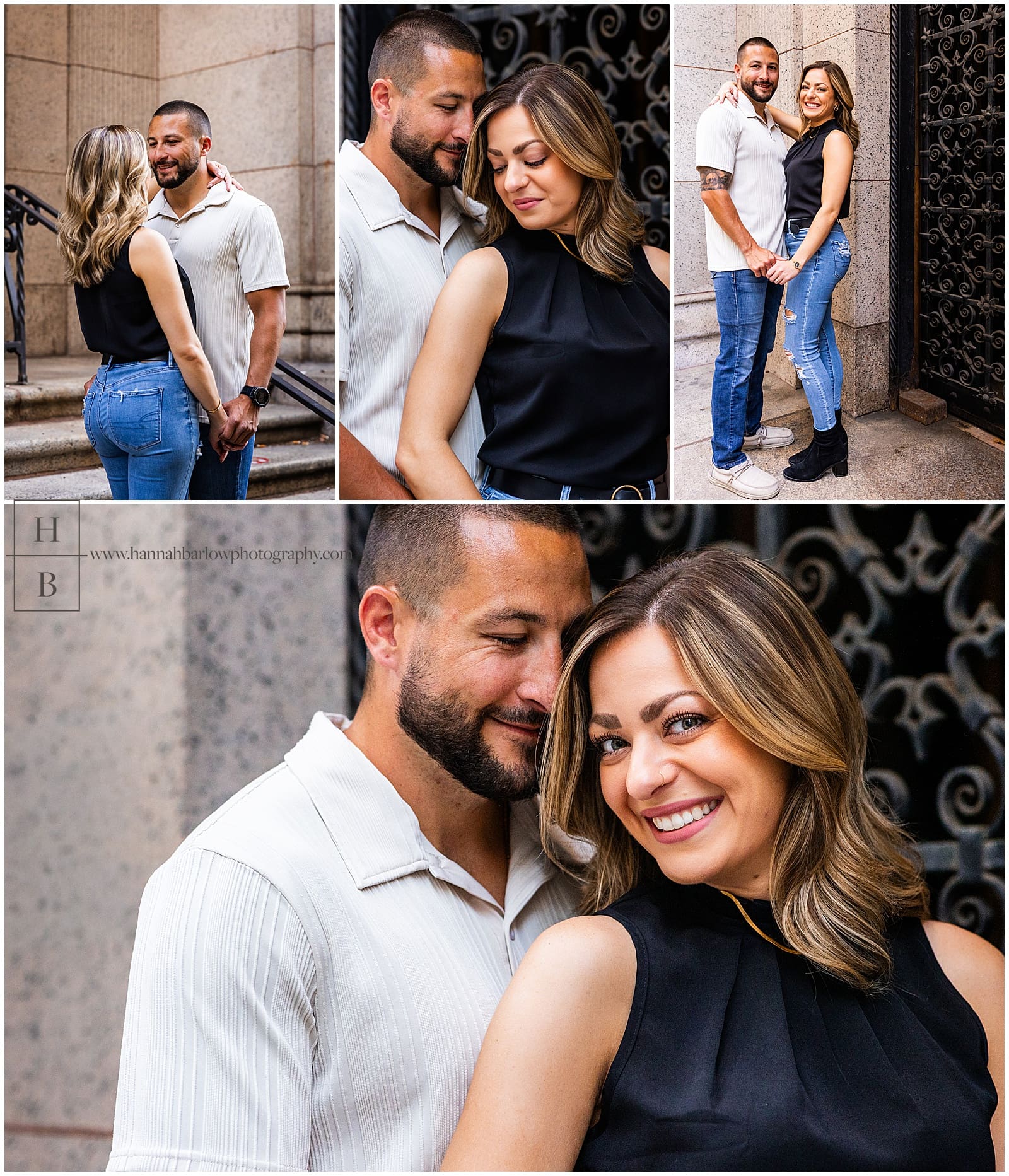 lady in black blouse and jeans poses with fiancé outside allegheny county courthouse