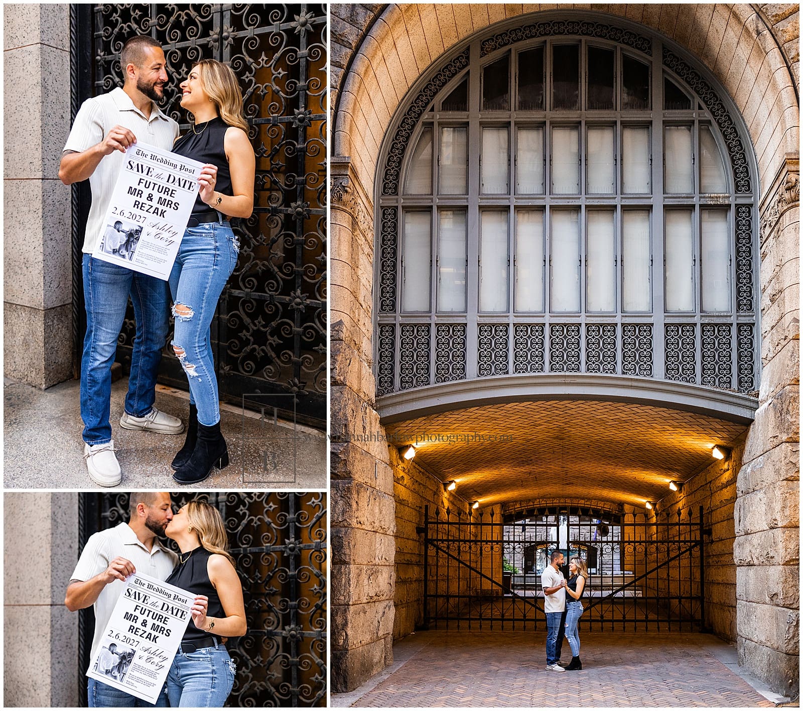 couple poses for engagement photos in tunnel of allegheny county courthosue