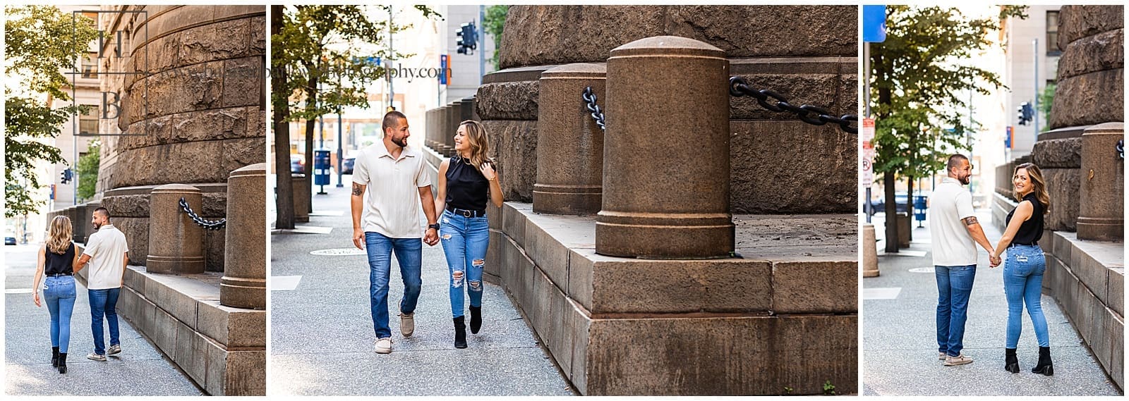 couple walks down street with golden hour in the background for engagement photos