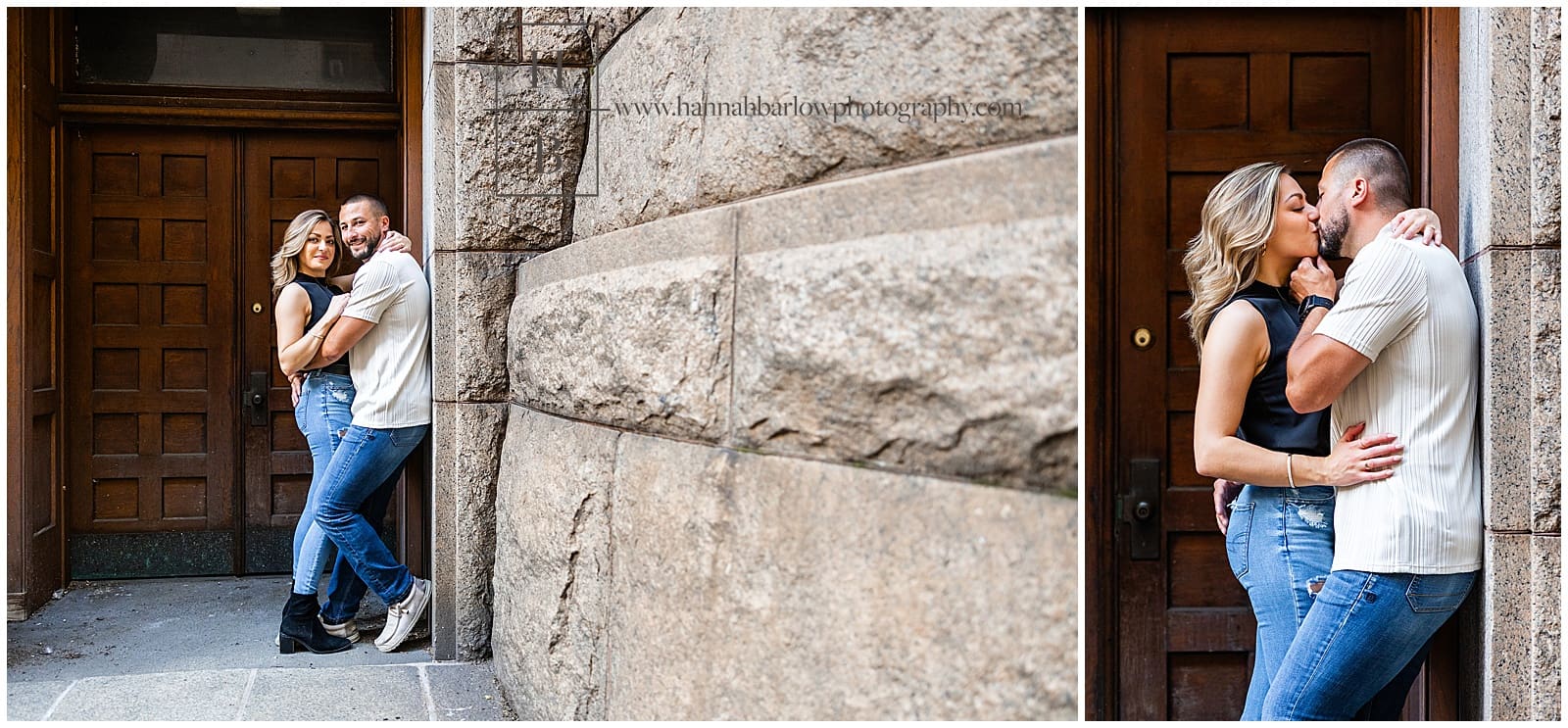 couple poses for engagement photos leaning on stone wall