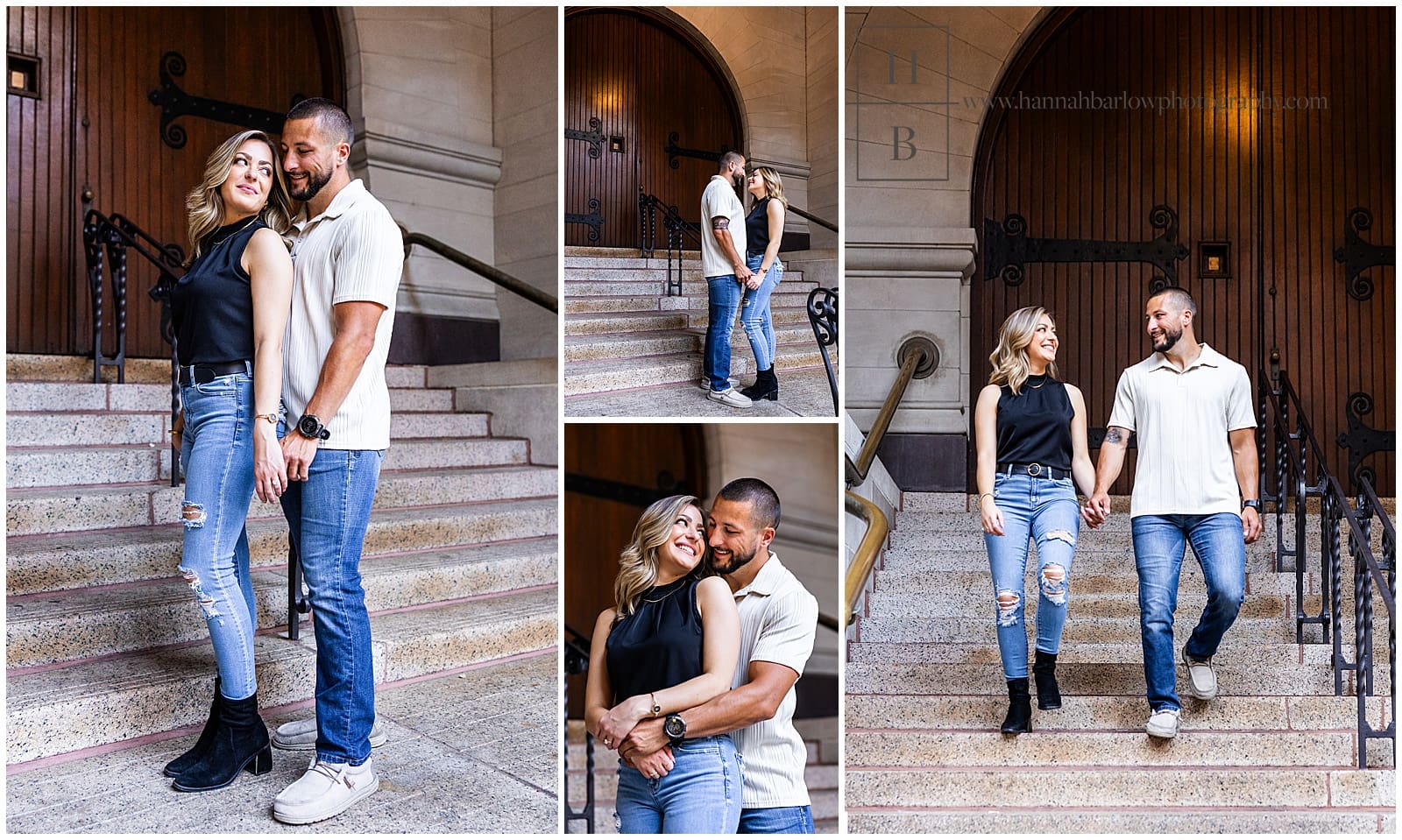 couple poses on steps in front of deep brown wood door for engagement photos