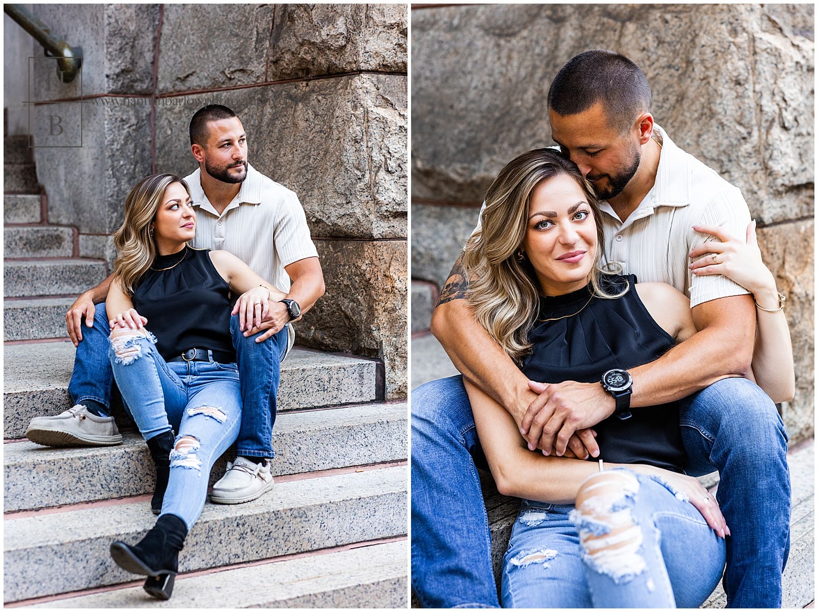 couple sits on steps for engagement photos