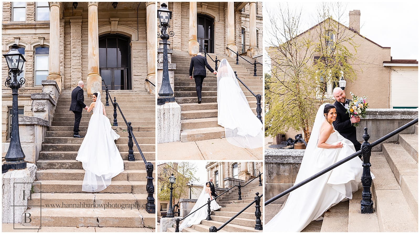 couple walks up Belmont County Courthouse Steps