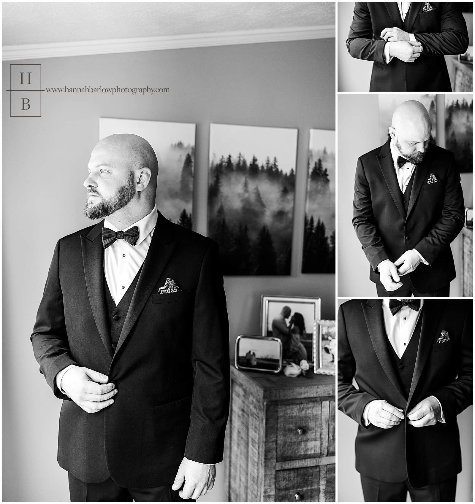 Black-and-white photos of groom, getting ready by window