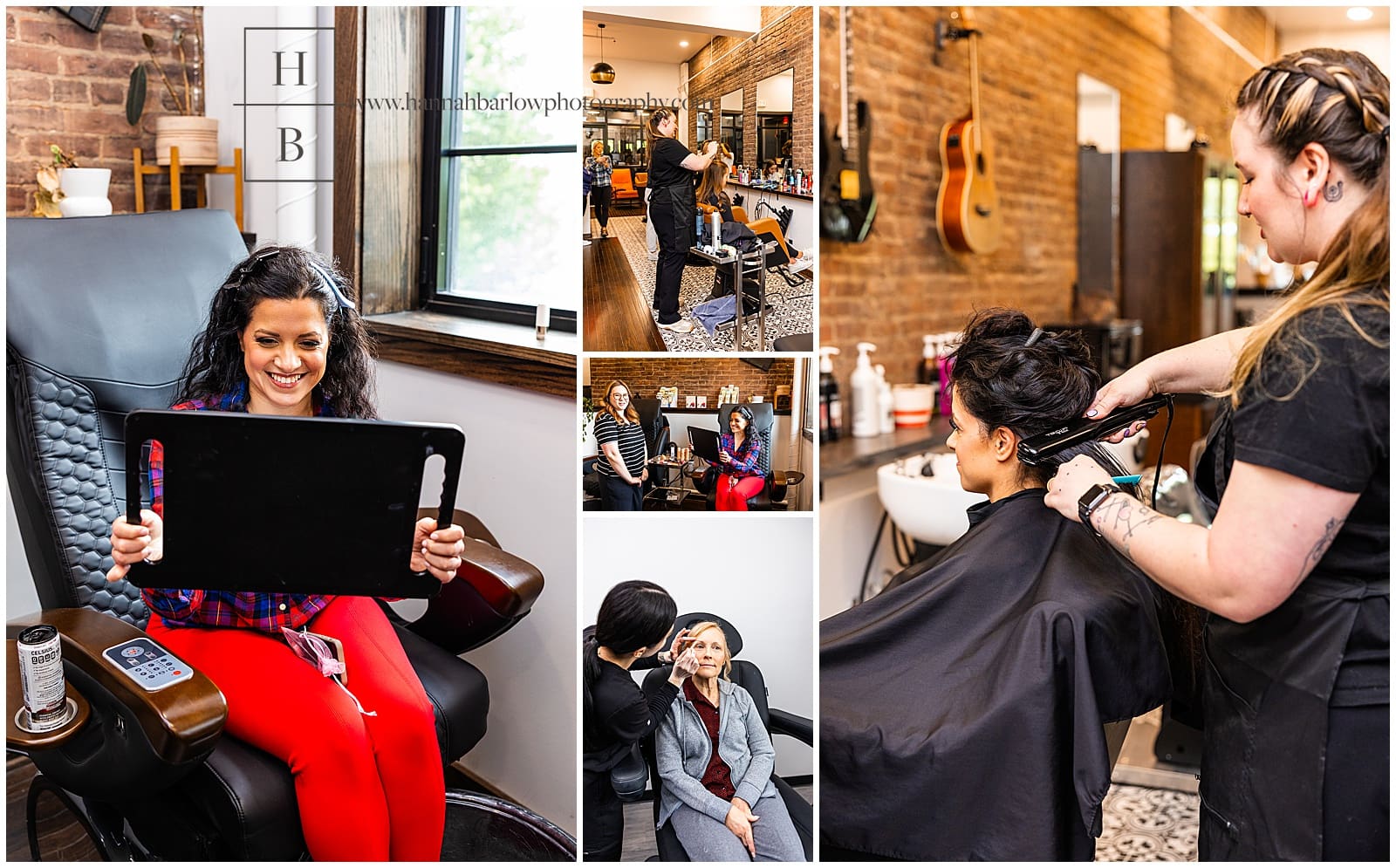 bride gets hair and makeup done in salon