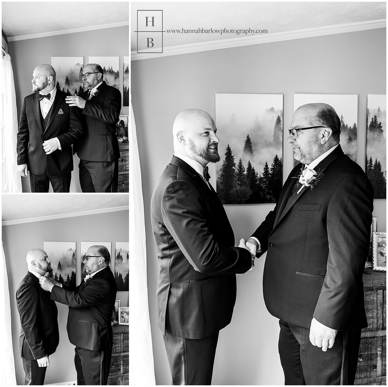 Black and white photos of groom and dad getting ready