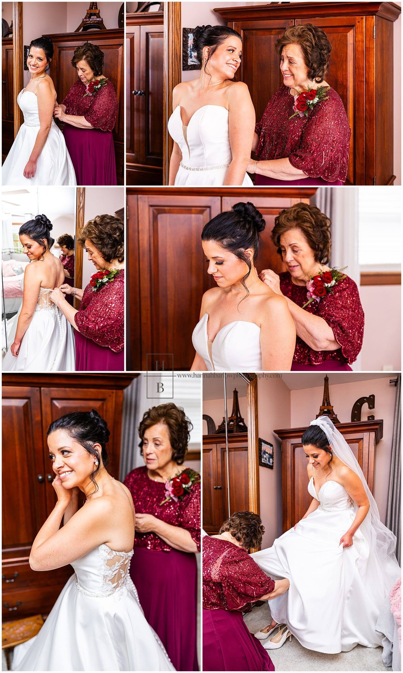 Mother of bride in maroon dress helps bride get ready