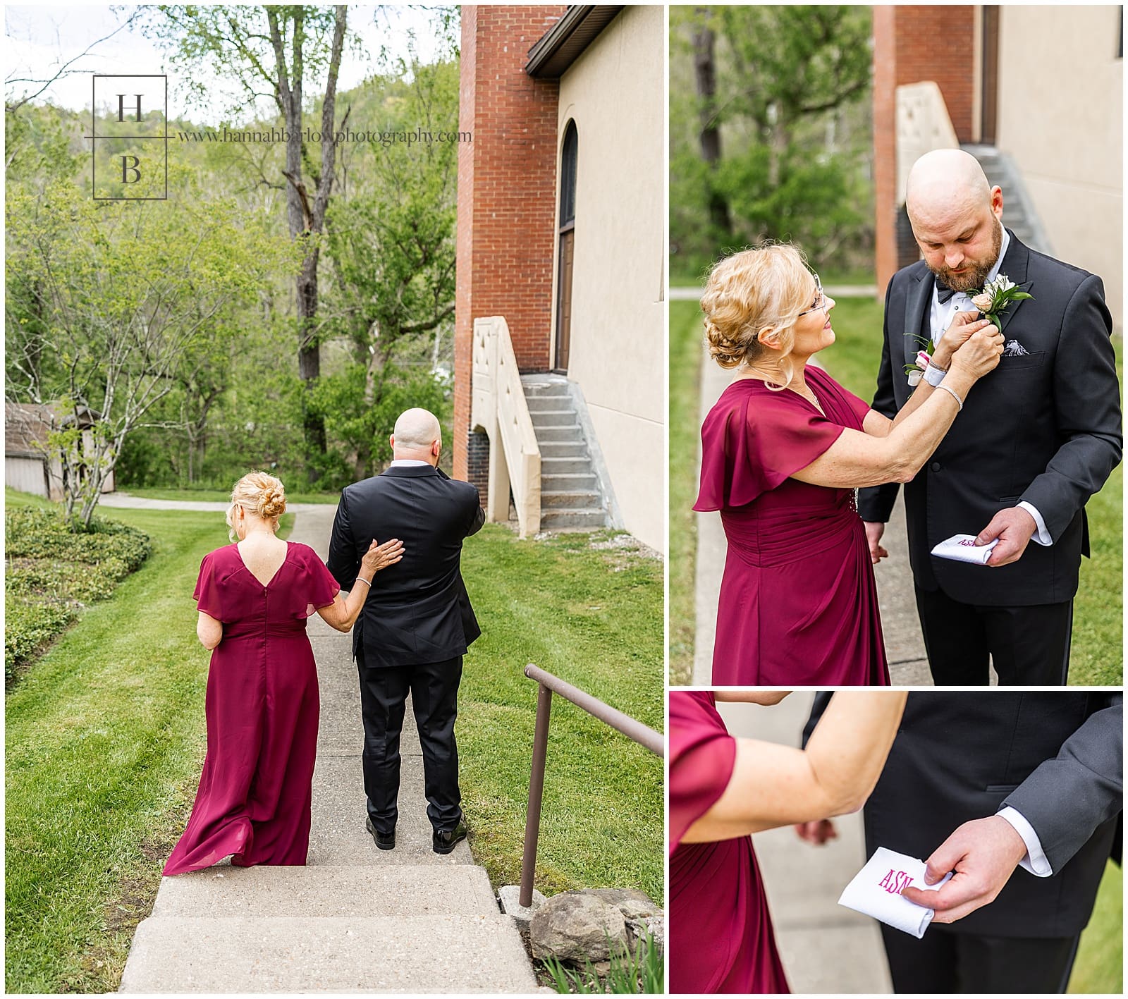 Mother of groom helps groom pin boutonniere